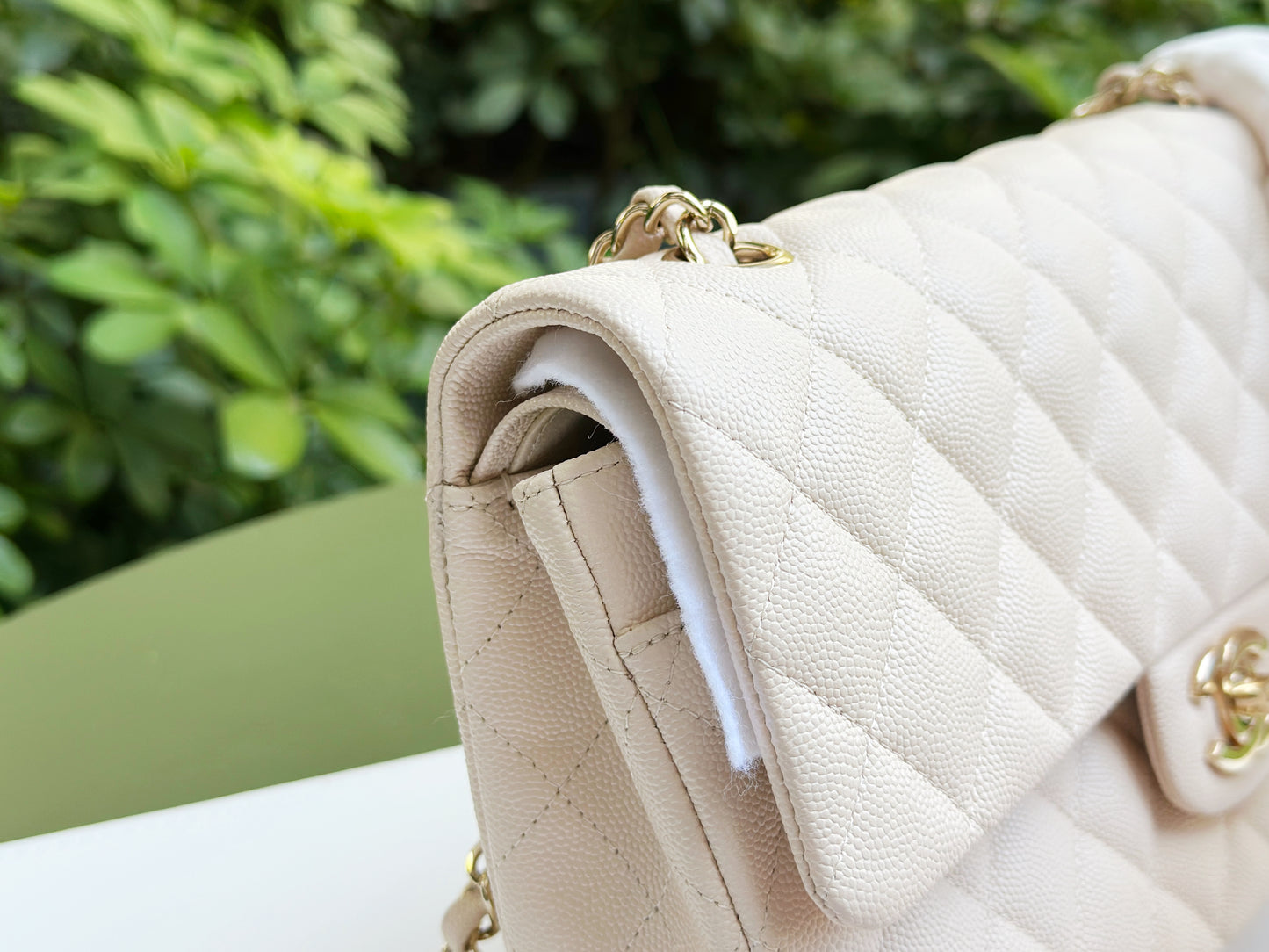 Chanel Medium Caviar Classic Quilted Double Flap Ivory Light Beige Bag LGHW