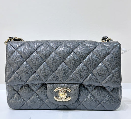 Chanel Classic Mini Rectangular 18S Dark Gray/Grey Quilted Caviar light gold hardware