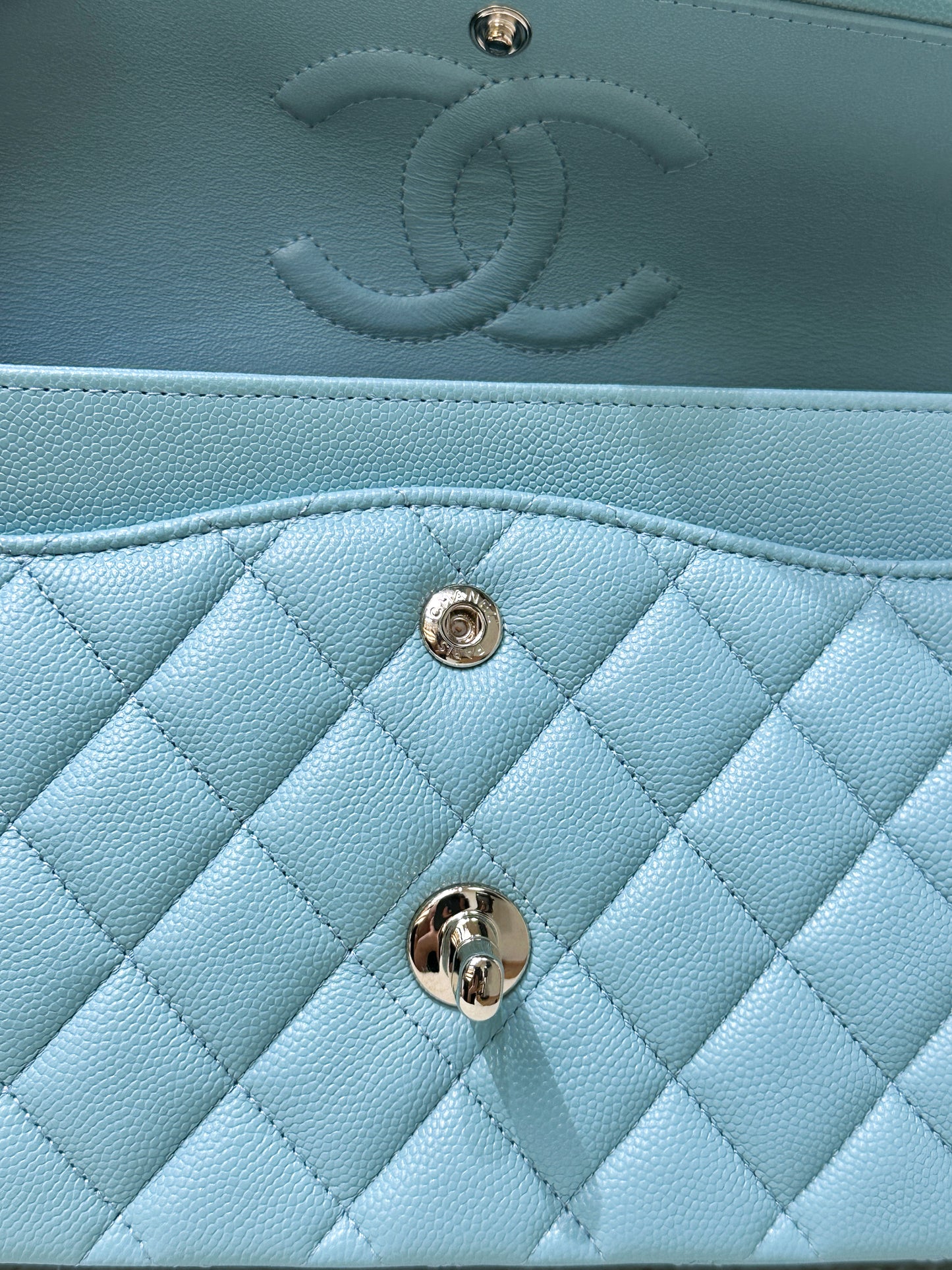 Chanel Classic Flap Medium 20C Tiffany Blue Caviar Light Gold Hardware 294 holo card