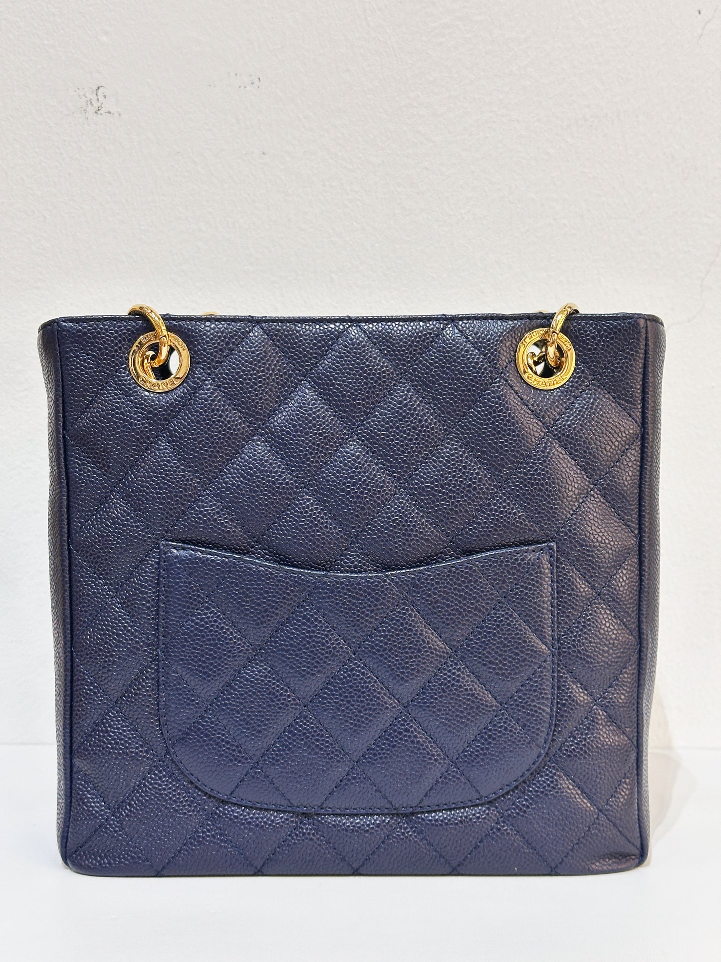 Chanel Caviar Quilted Petit Shopping Tote PST Navy Blue 1898 holo card