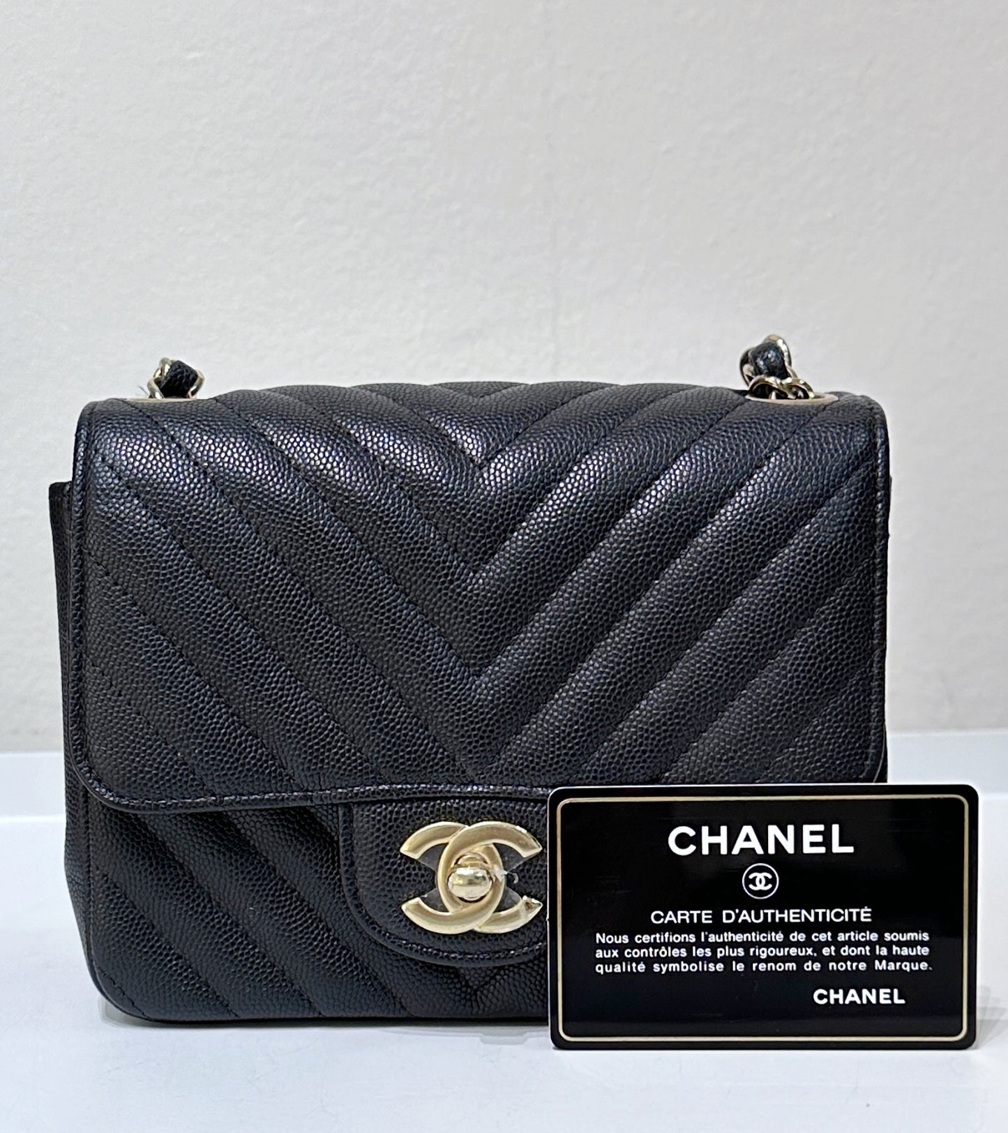 Chanel Mini Square Black Chevron Caviar LGHW