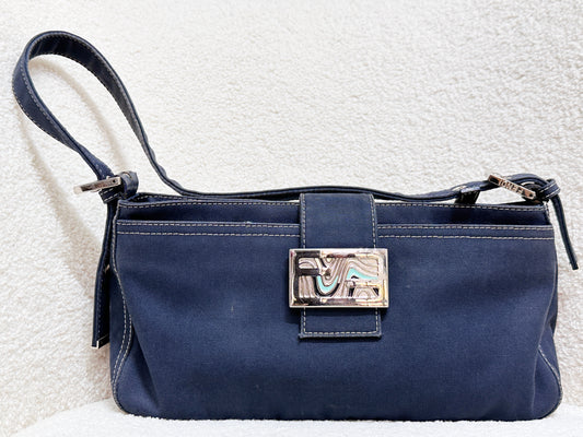 Fendi Mamma Baguette Canvas Shoulder Bag Navy blue