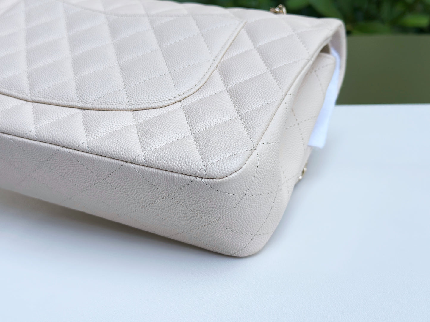 Chanel Medium Caviar Classic Quilted Double Flap Ivory Light Beige Bag LGHW
