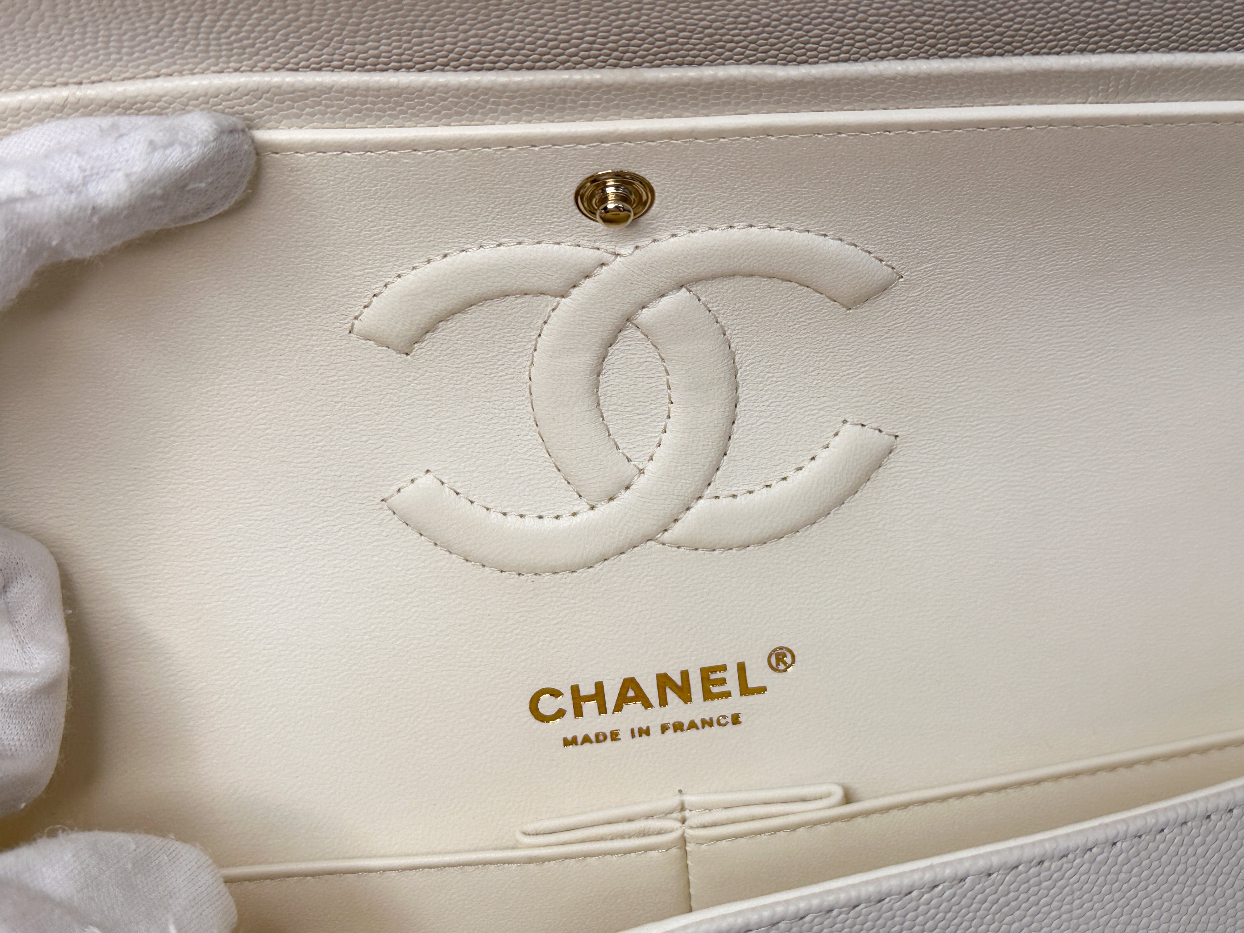 Chanel Medium Caviar Classic Quilted Double Flap White Light Beige Bag LGHW L45J microchip