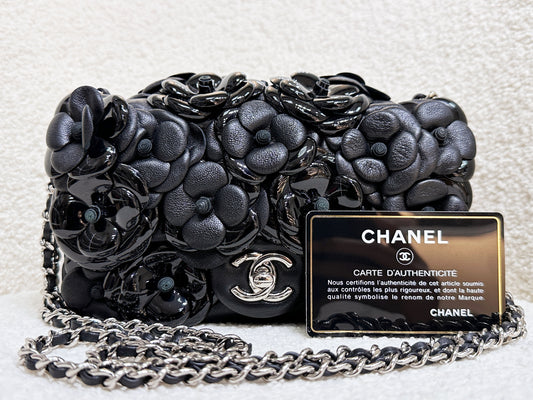 Chanel Camellia Lambskin Patent Around Flap Crossbody Bag Black 2246 holo card