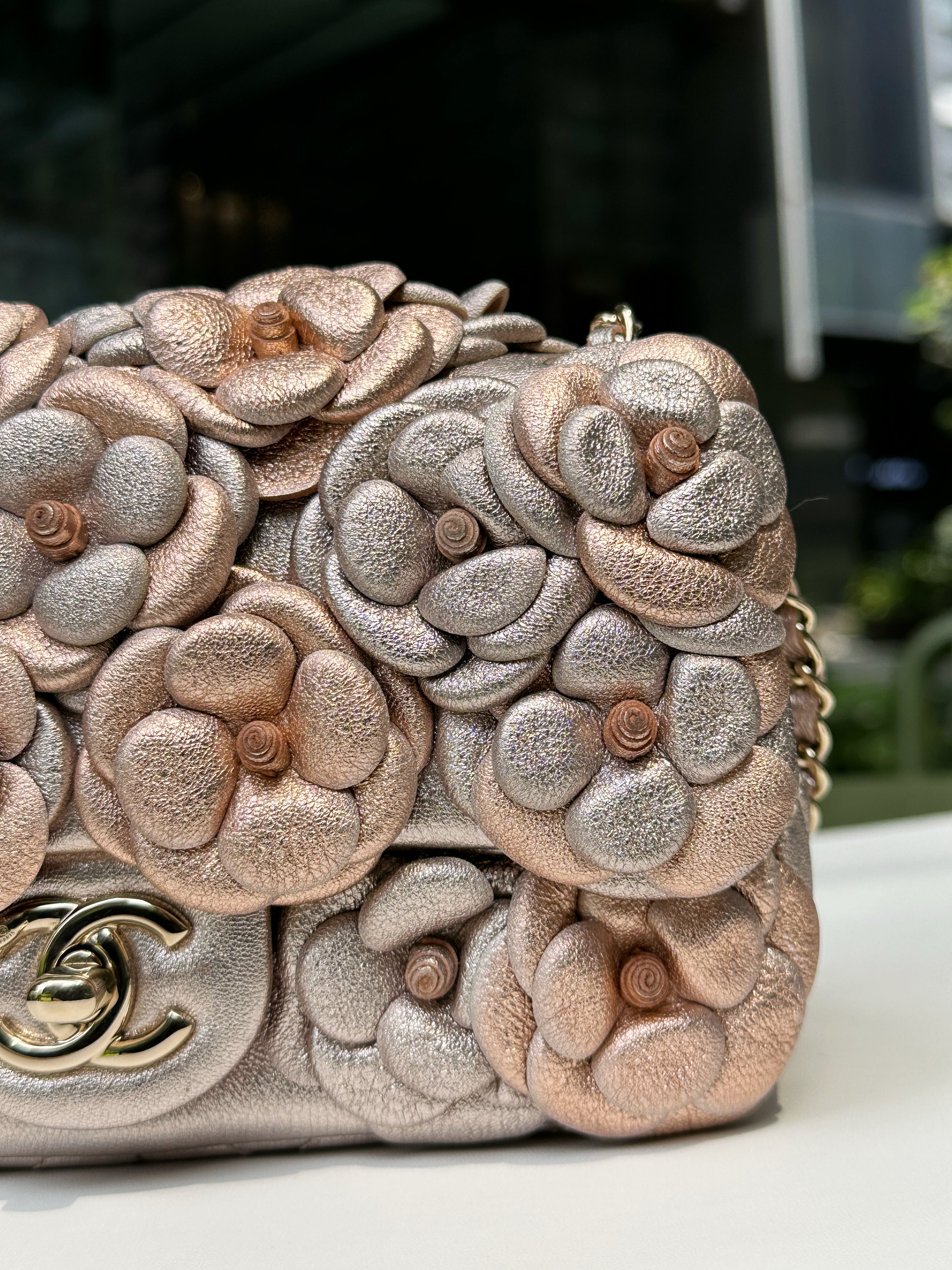 Chanel Camellia Mini Metallic Rose Gold/Pink Lambskin Gold Hardware 2078 holo card