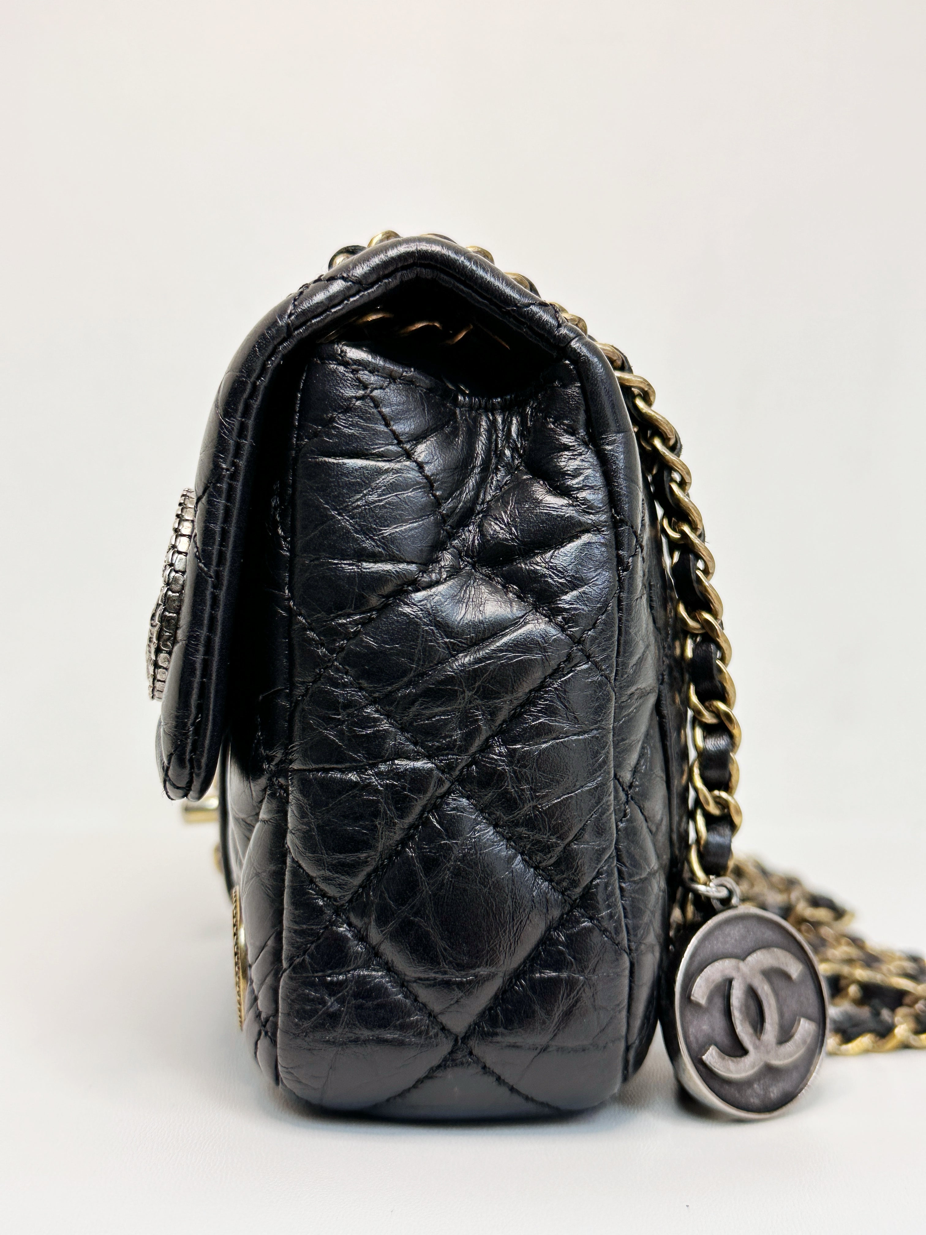 Chanel Mini Limited Edition Aged Calfskin Quilted Medallion Flap Black GHW 206 holo card
