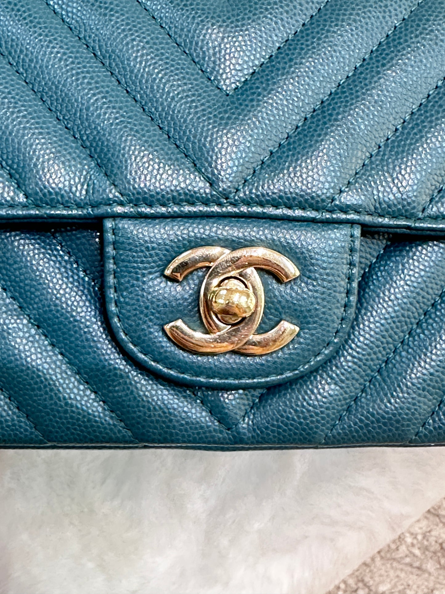 Chanel Mini Caviar Rectangular Chevron Turquoise Green GHW