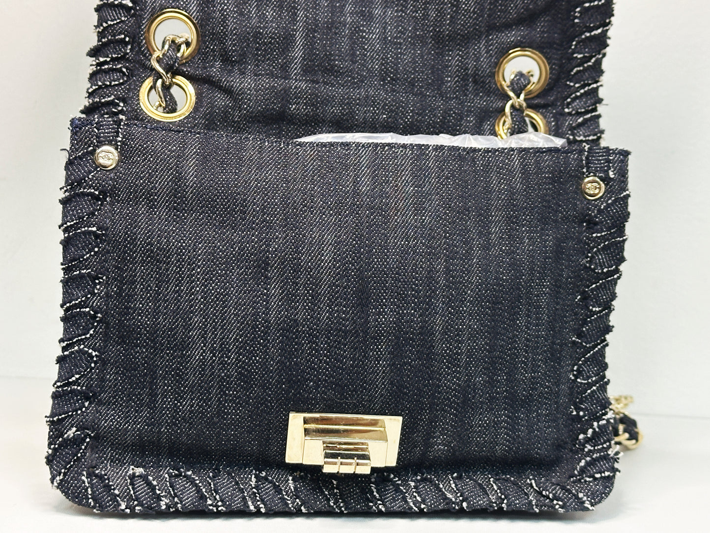 Chanel Black Denim 2.55 Night Flight Mademoiselle Flap bag 1074 holo card