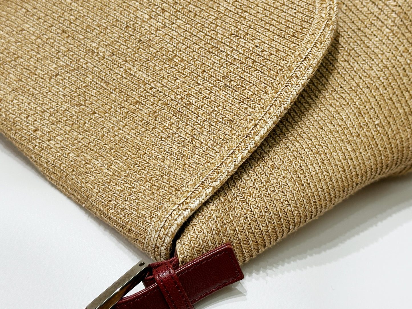Fendi Mamma Baguette Raffia Straw Shoulder Bag Red Leather Strap