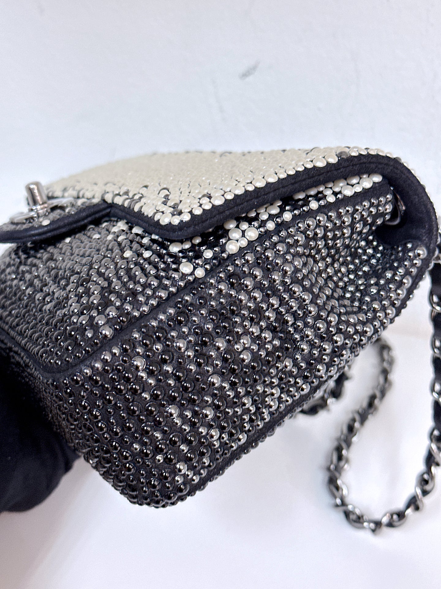 White, Grey and Black Imitation Pearls and Beads and Calfskin Embellished CC MiniClassic Single Flap Ruthenium Hardware, 2014