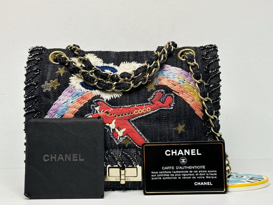 Chanel Black Denim 2.55 Night Flight Mademoiselle Flap bag 1074 holo card