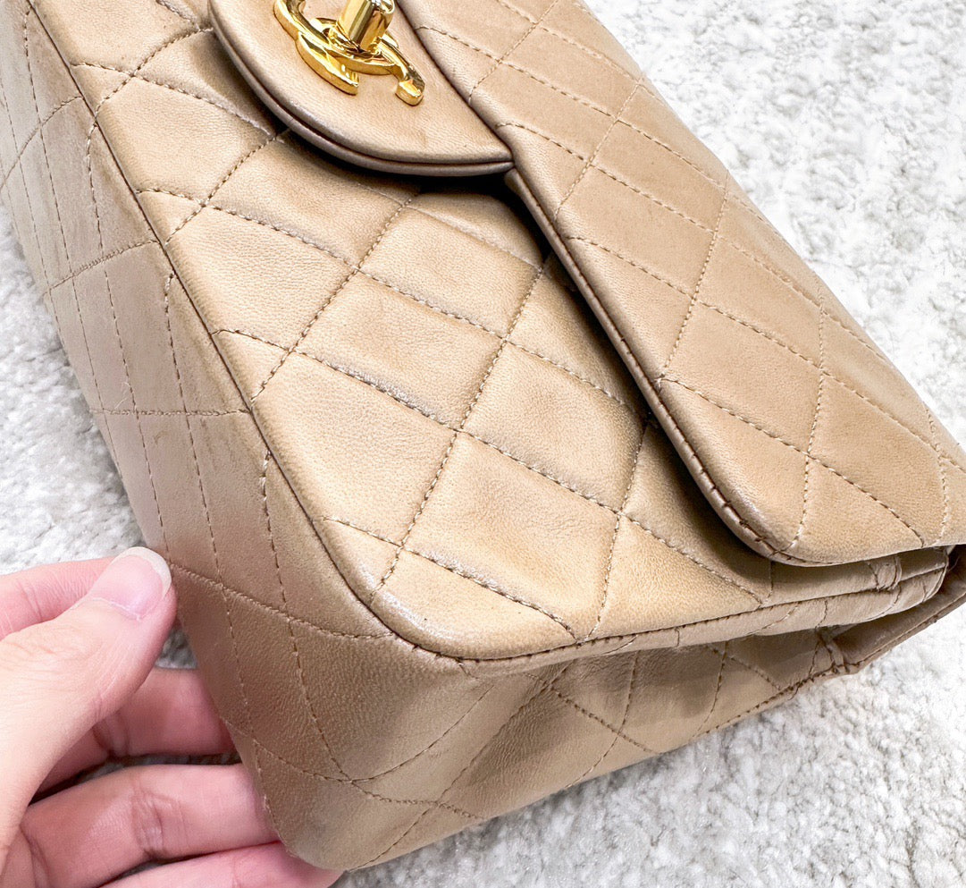 Classic Medium Double Flap in Beige with GHW