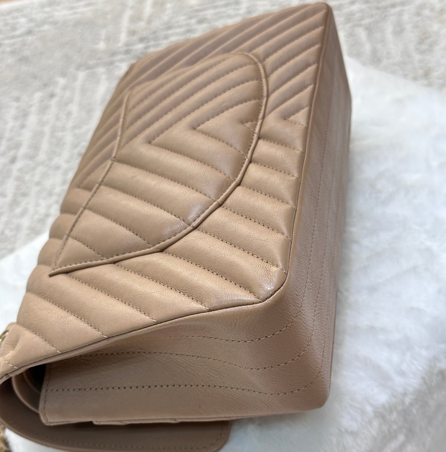 Chanel Classic Medium Beige Chevron Calfskin with Gold Hardware