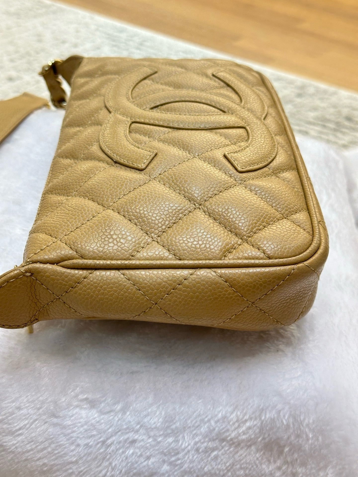 Chanel Small Caviar Quilted Pochette Shoulder Bag Beige GHW