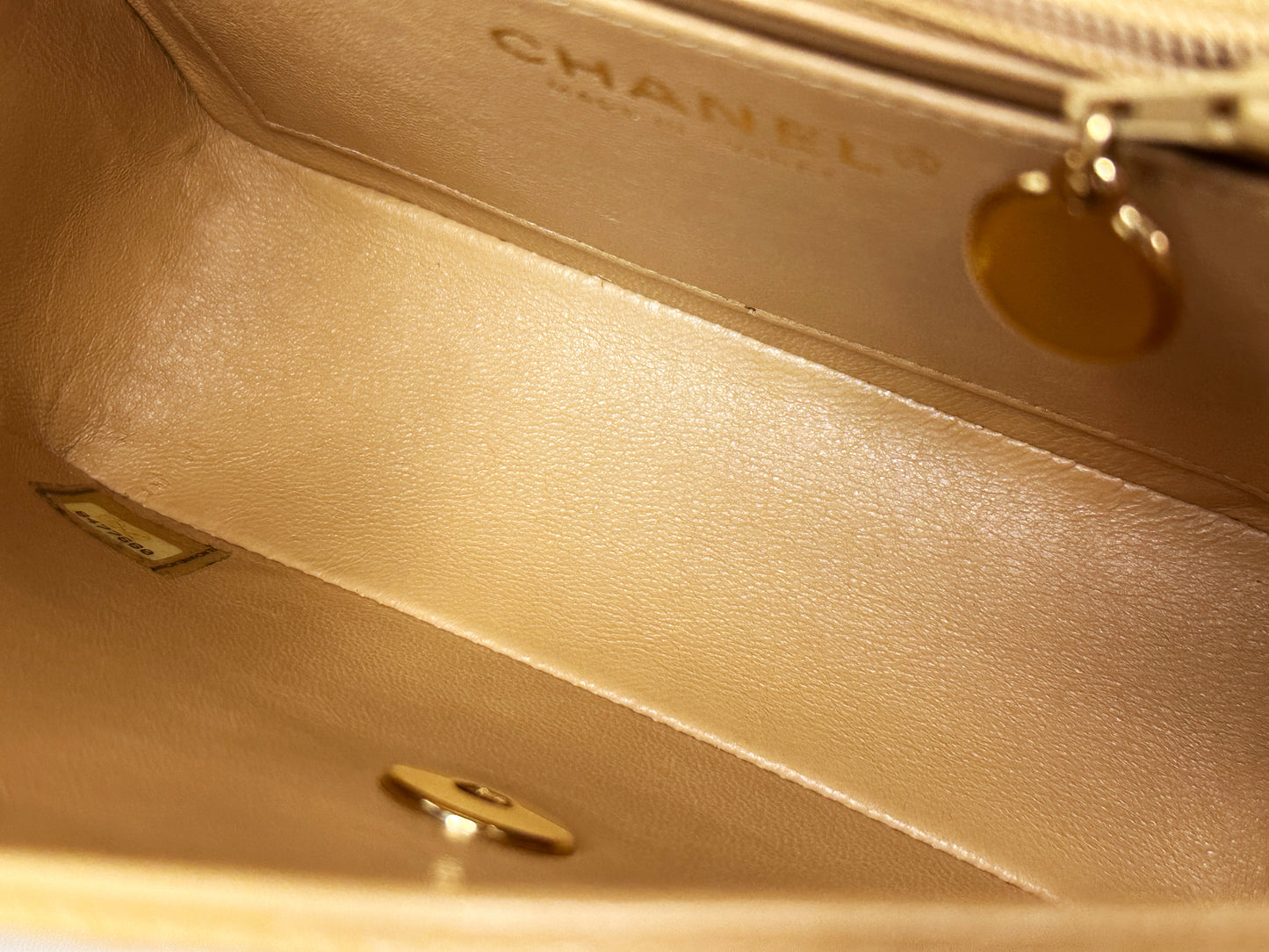 Chanel 24K Gold Mini Square Caviar Classic Flap Chain Shoulder Bag Beige GHW 84 holo card