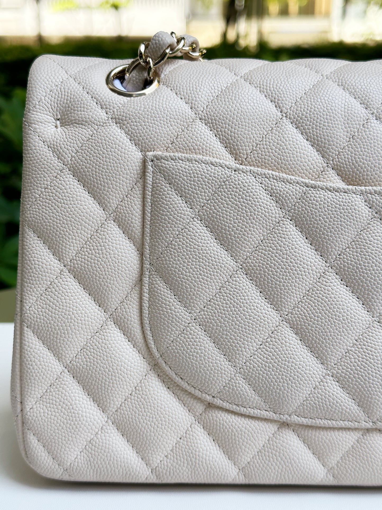 Chanel Medium Caviar Classic Quilted Double Flap Ivory Light Beige Bag LGHW