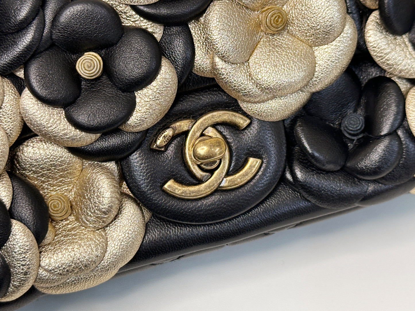 Chanel Mini Metallic Lambskin Quilted Camellia Flap Bag Black Gold 2479 holo card