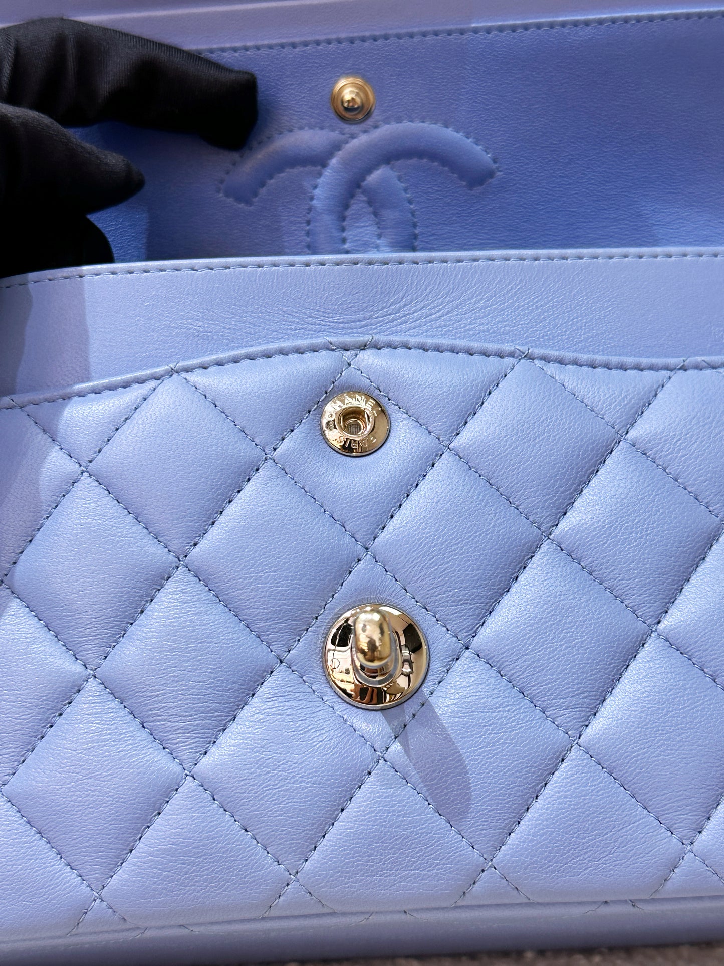 Chanel 21c Small Lambskin Classic Quilted Double Flap Bag Sky Blue GHW 3072 holo card