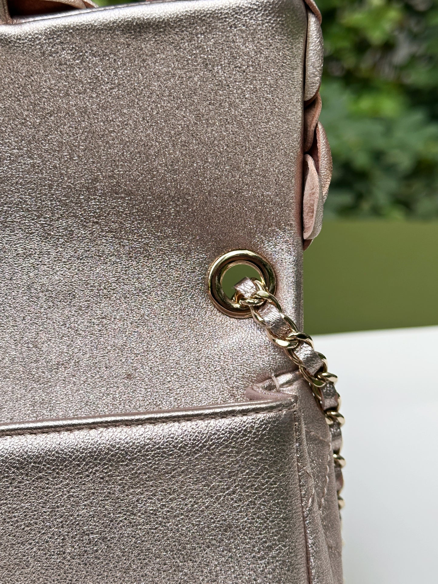 Chanel Camellia Mini Metallic Rose Gold/Pink Lambskin Gold Hardware 2078 holo card