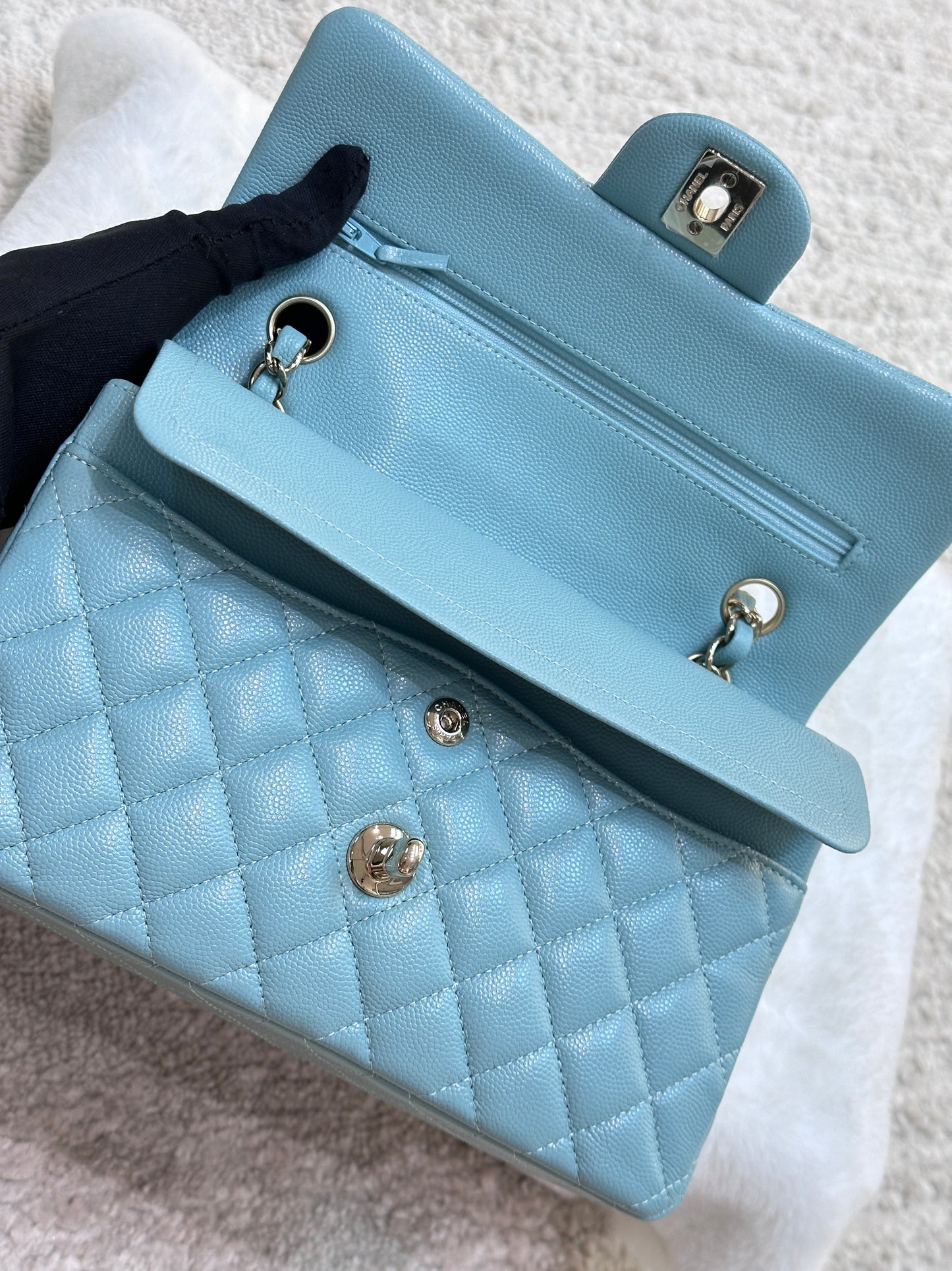 Chanel Small Classic Caviar Double Flap Tiffany Blue 20C GHW