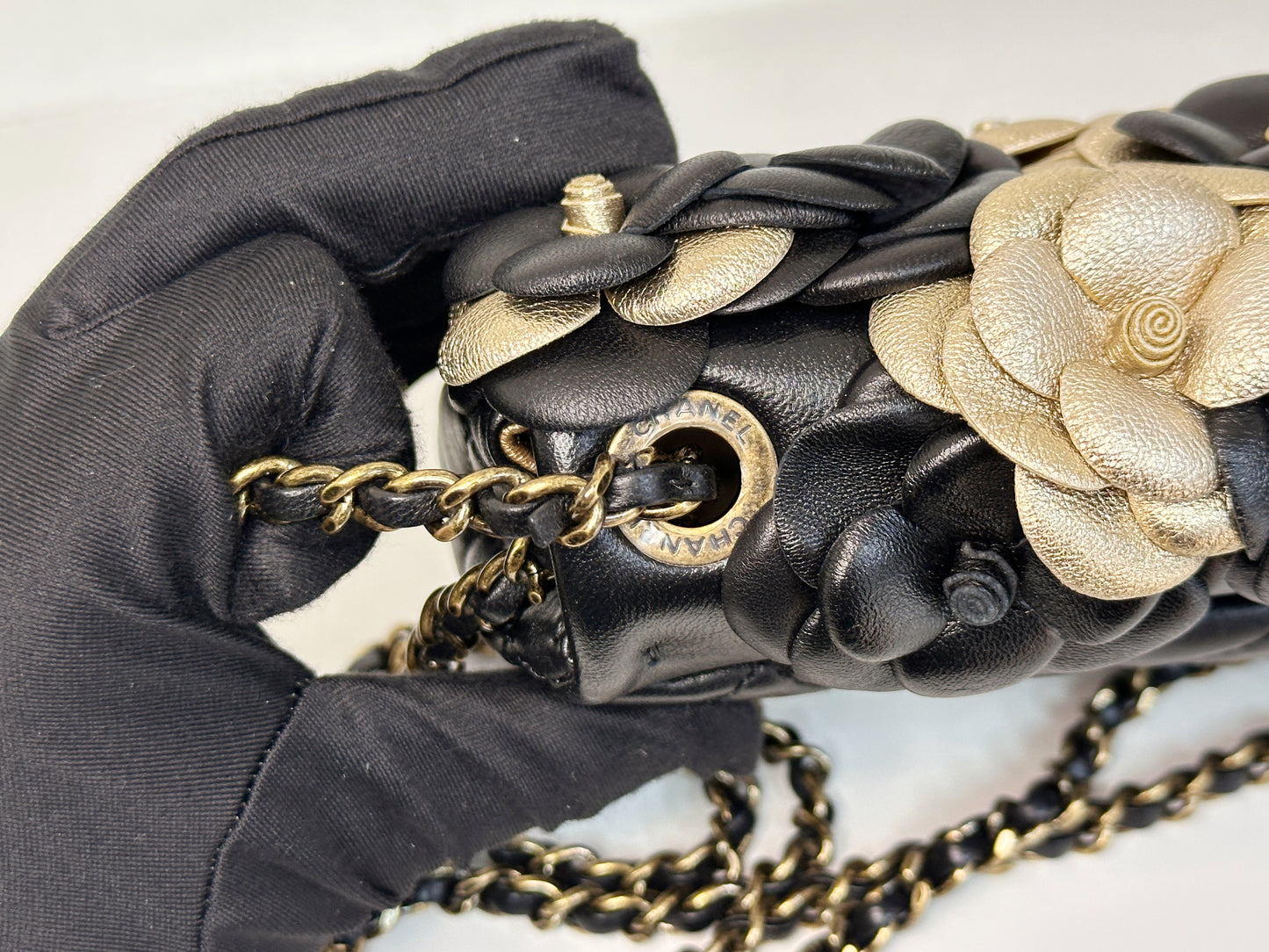 Chanel Mini Metallic Lambskin Quilted Camellia Flap Bag Black Gold 2479 holo card