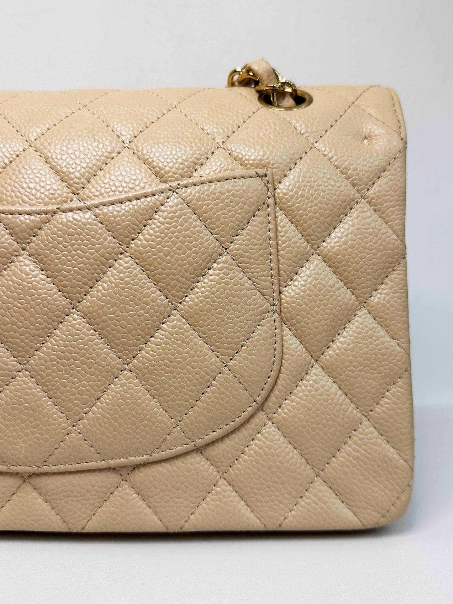Chanel Medium Beige Classic Caviar Double Flap Bag GHW 2163 holo