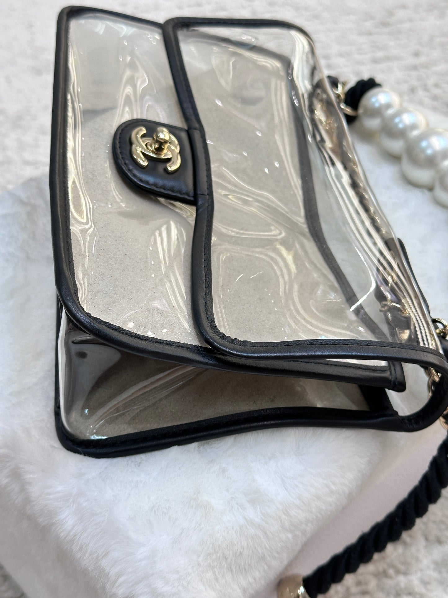 Chanel Medium Lambskin CoCo Sand PVC Sand By The Sea Flap With Pearl Strap Black GHW