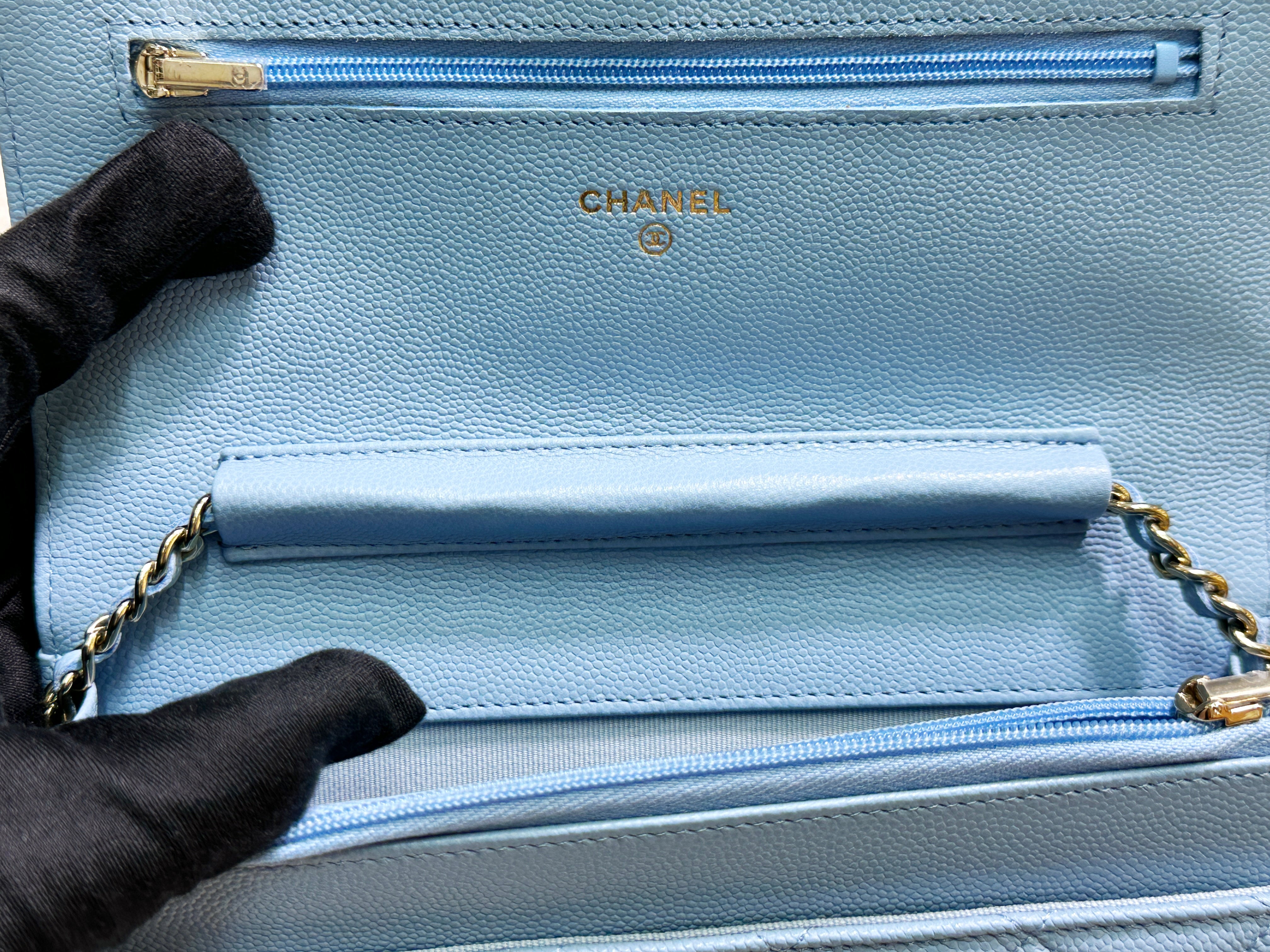 Chanel Classic Wallet on Chain Caviar Blue GHW G1L4 microchip