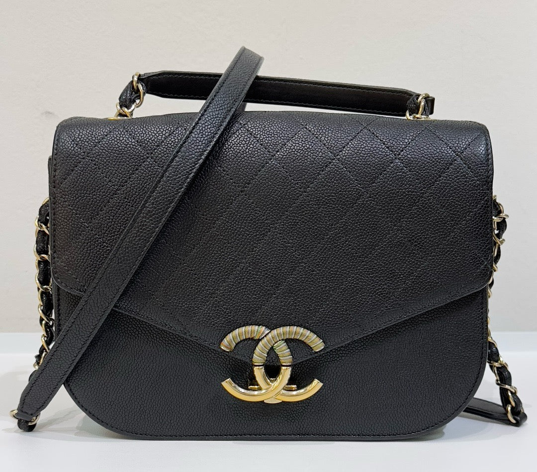 Chanel Flap Bag with Top Handle Black Caviar GHW 23 holo card