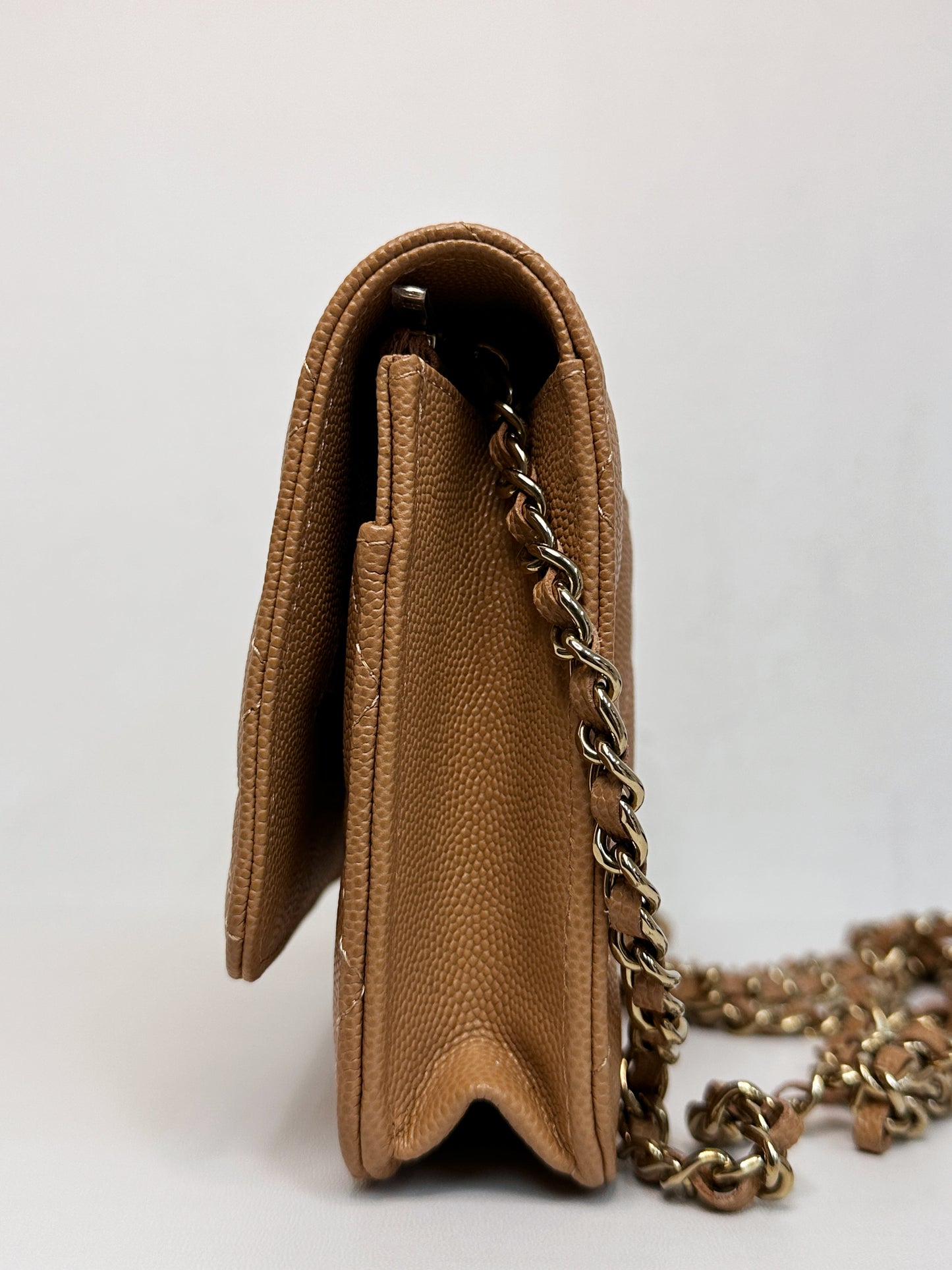 Chanel 23P Caramel Dark Beige Caviar Classic Quilted Wallet on chain LGHW UK27 microchip