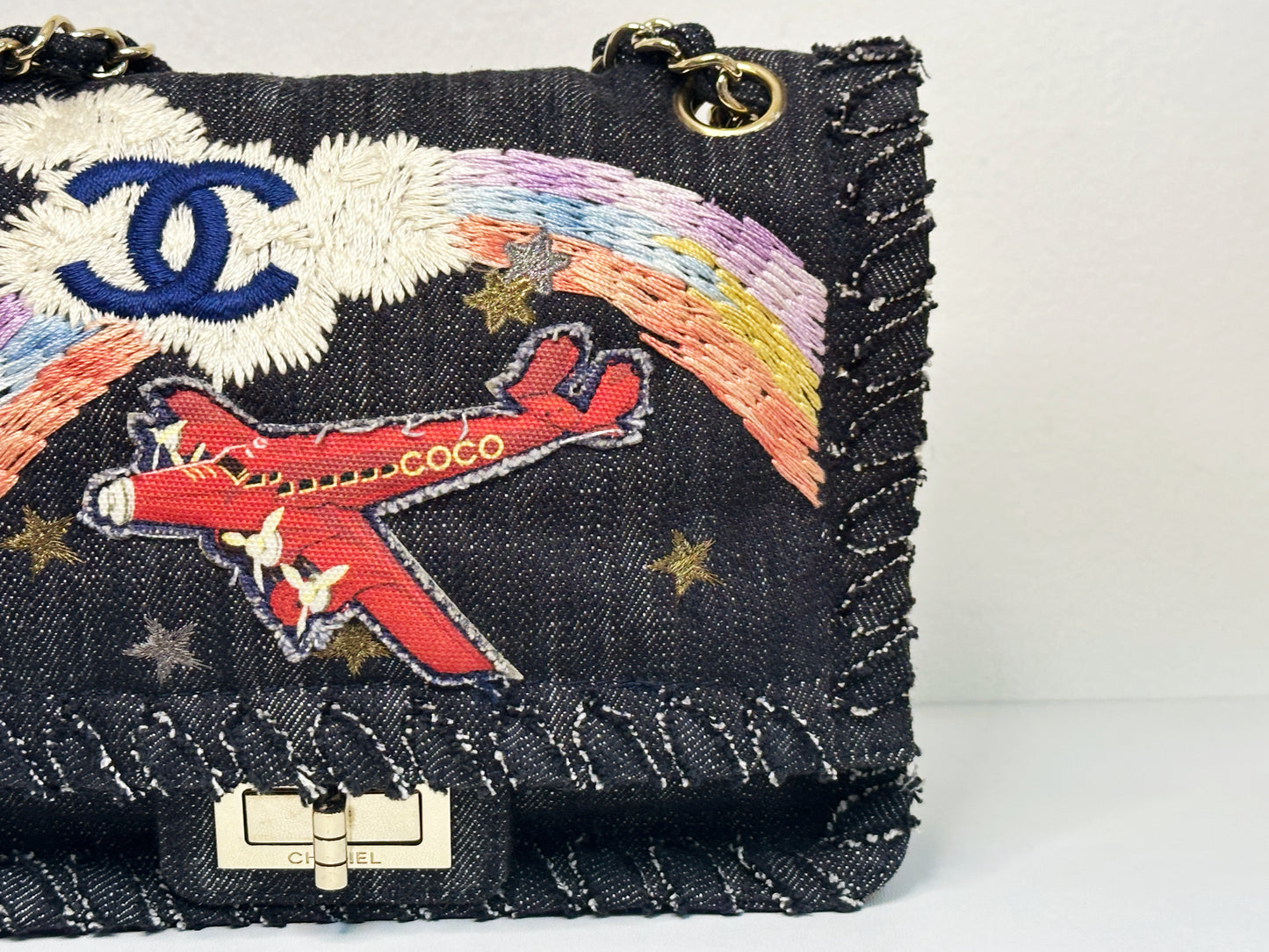 Chanel Black Denim 2.55 Night Flight Mademoiselle Flap bag 1074 holo card
