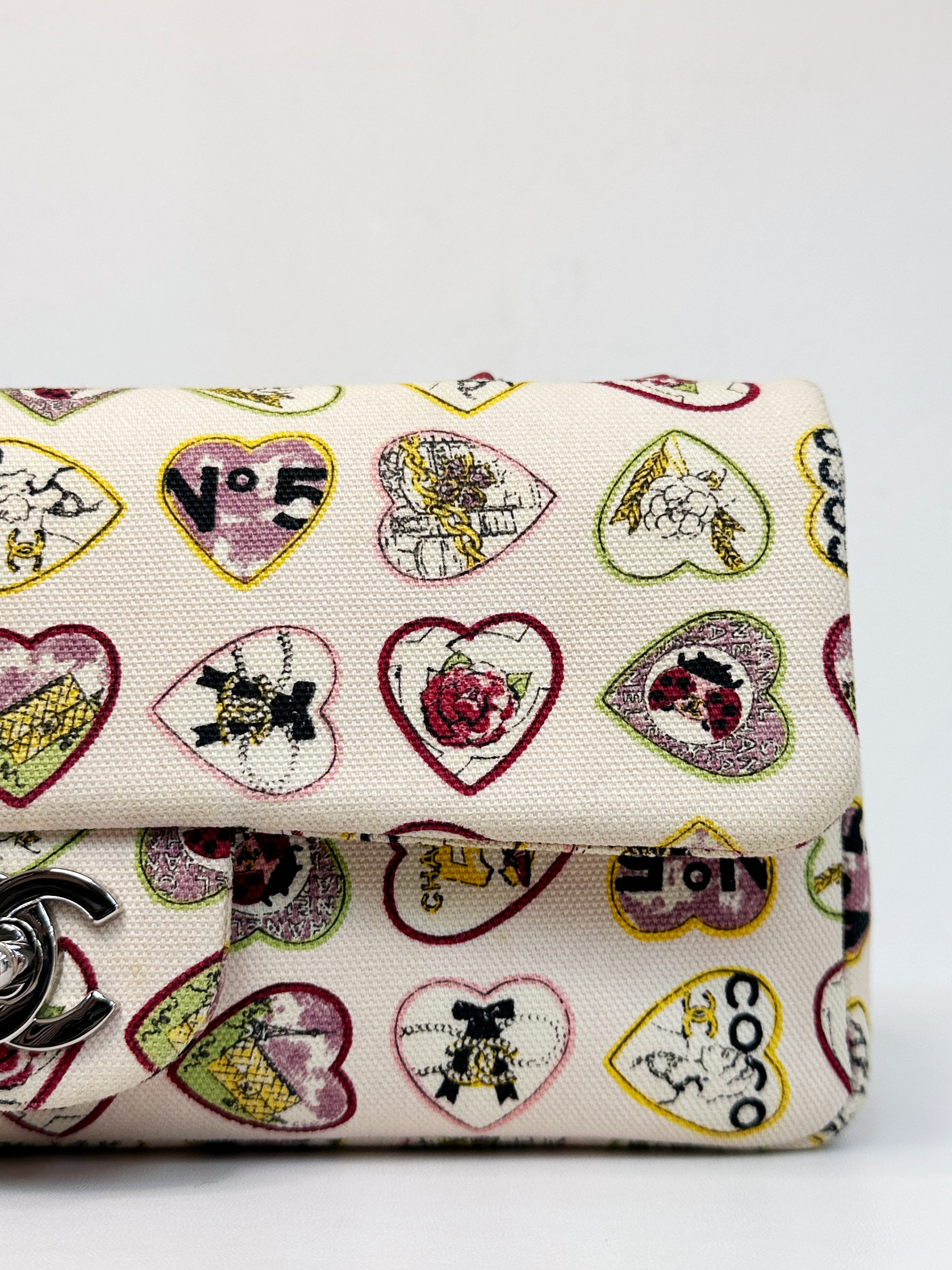 Chanel Valentine Coco Heart Motif Printed Pink Canvas East West Flap Bag 1064 holo