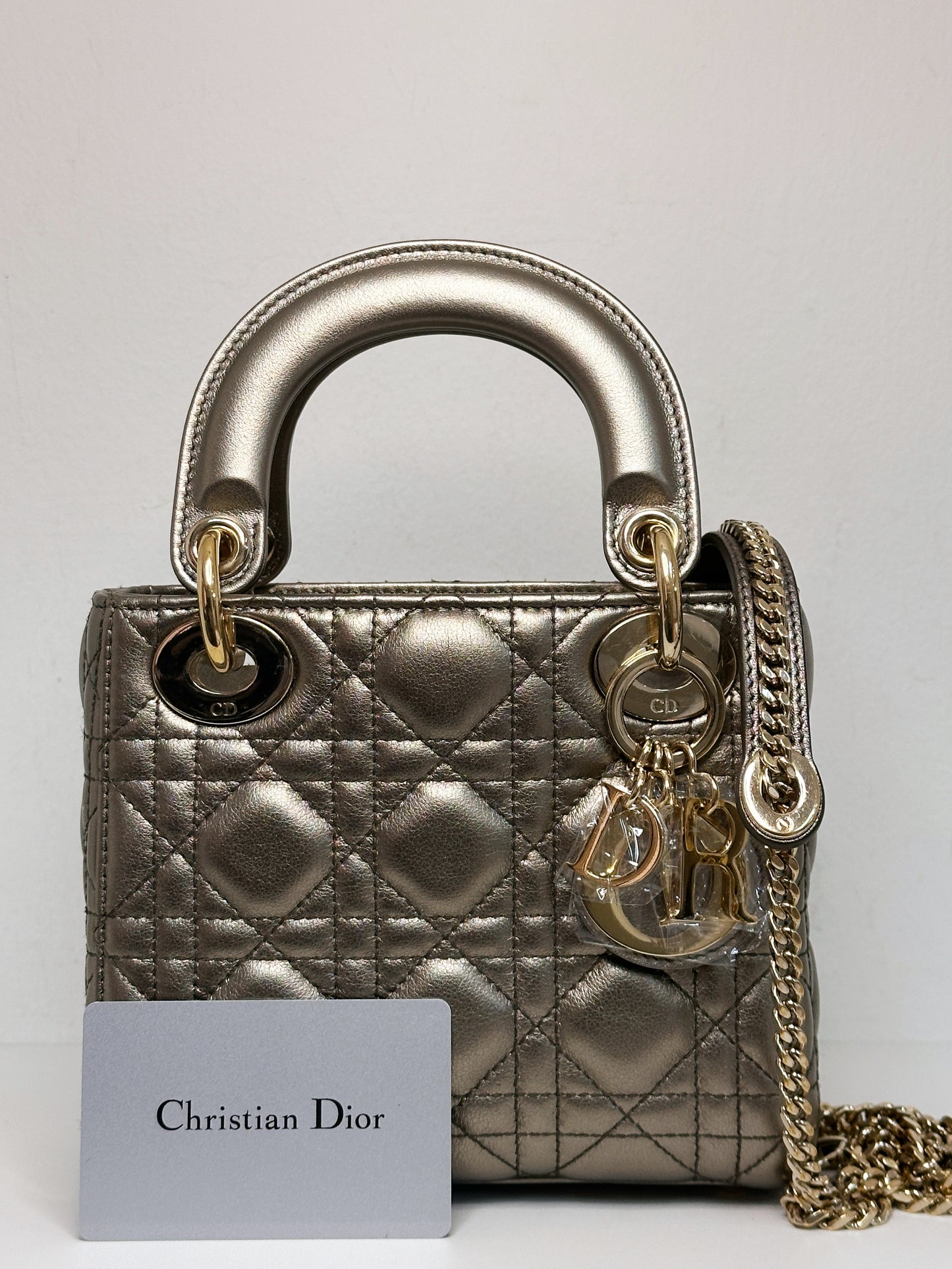 CHRISTIAN DIOR LADY MINI CALFSKIN CANNAGE BRONZE METALLIC GOLDEN HARDWARE CHAIN STRAP