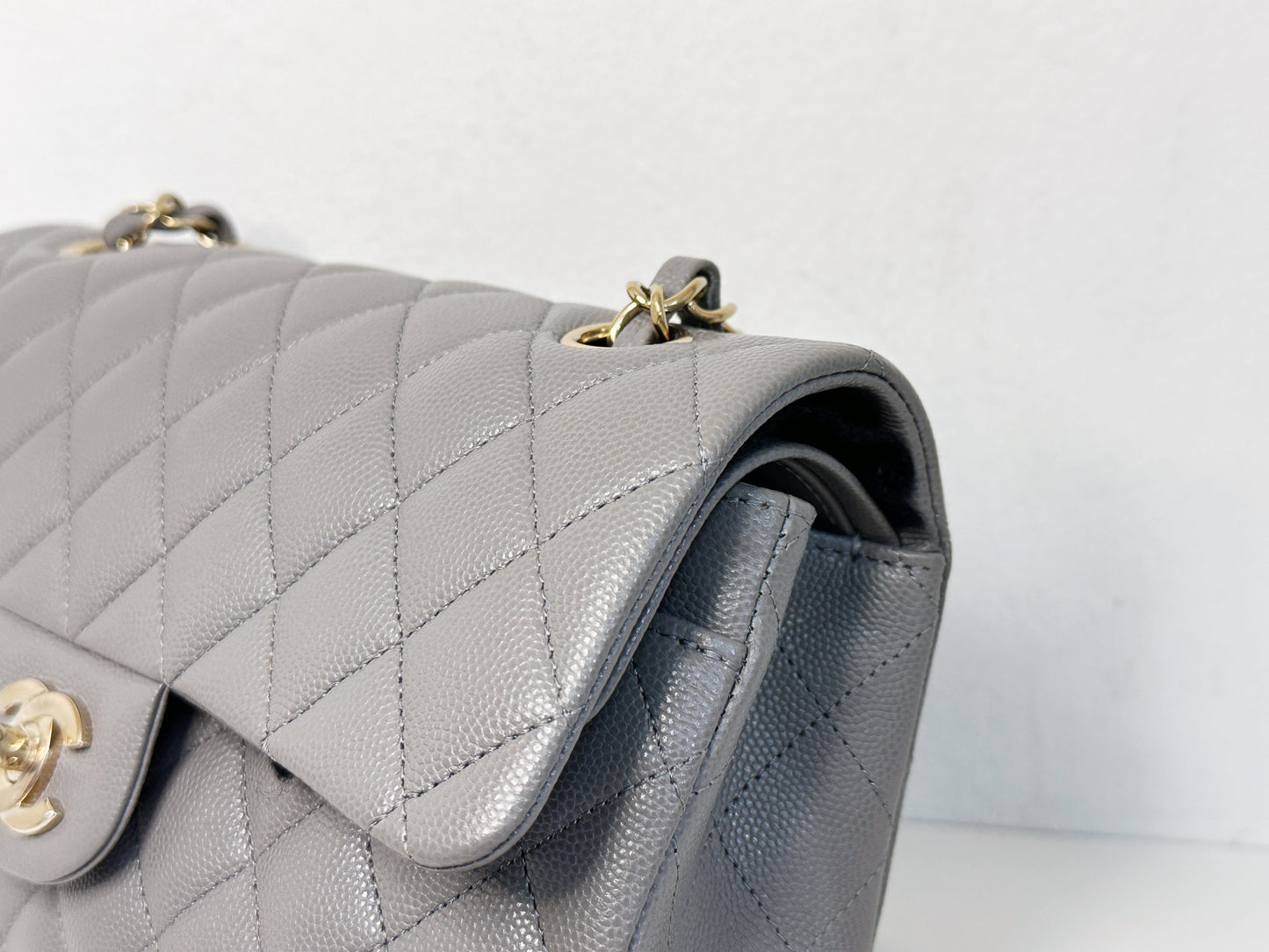 Chanel Small Caviar Quilted Double Flap Bag Grey LGHW EK81 microchip