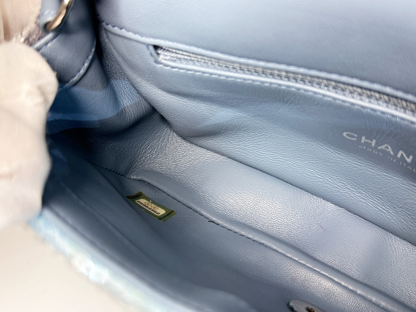 Chanel Sequin Mini Waterfall Light Blue Flap Bag 2590 holo card