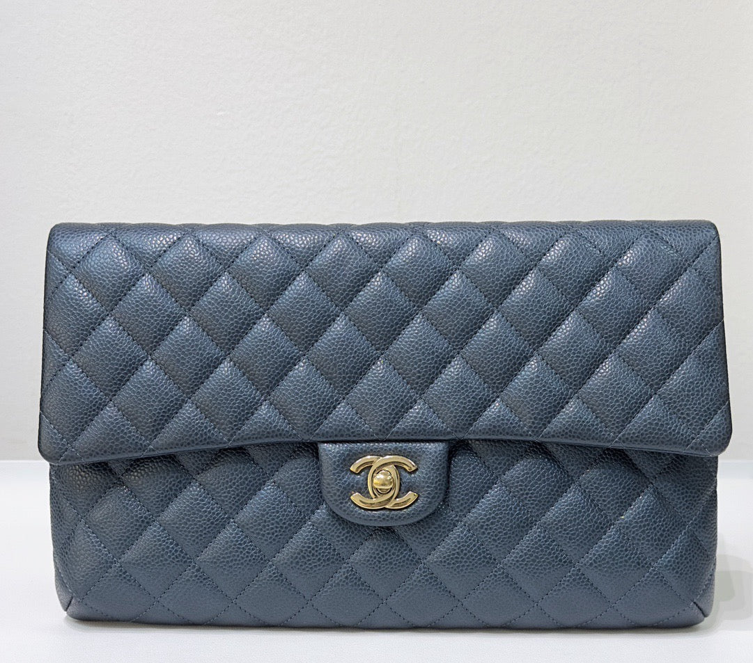 CHANEL Classic Large Clutch Blue Grained Calfskin GHW