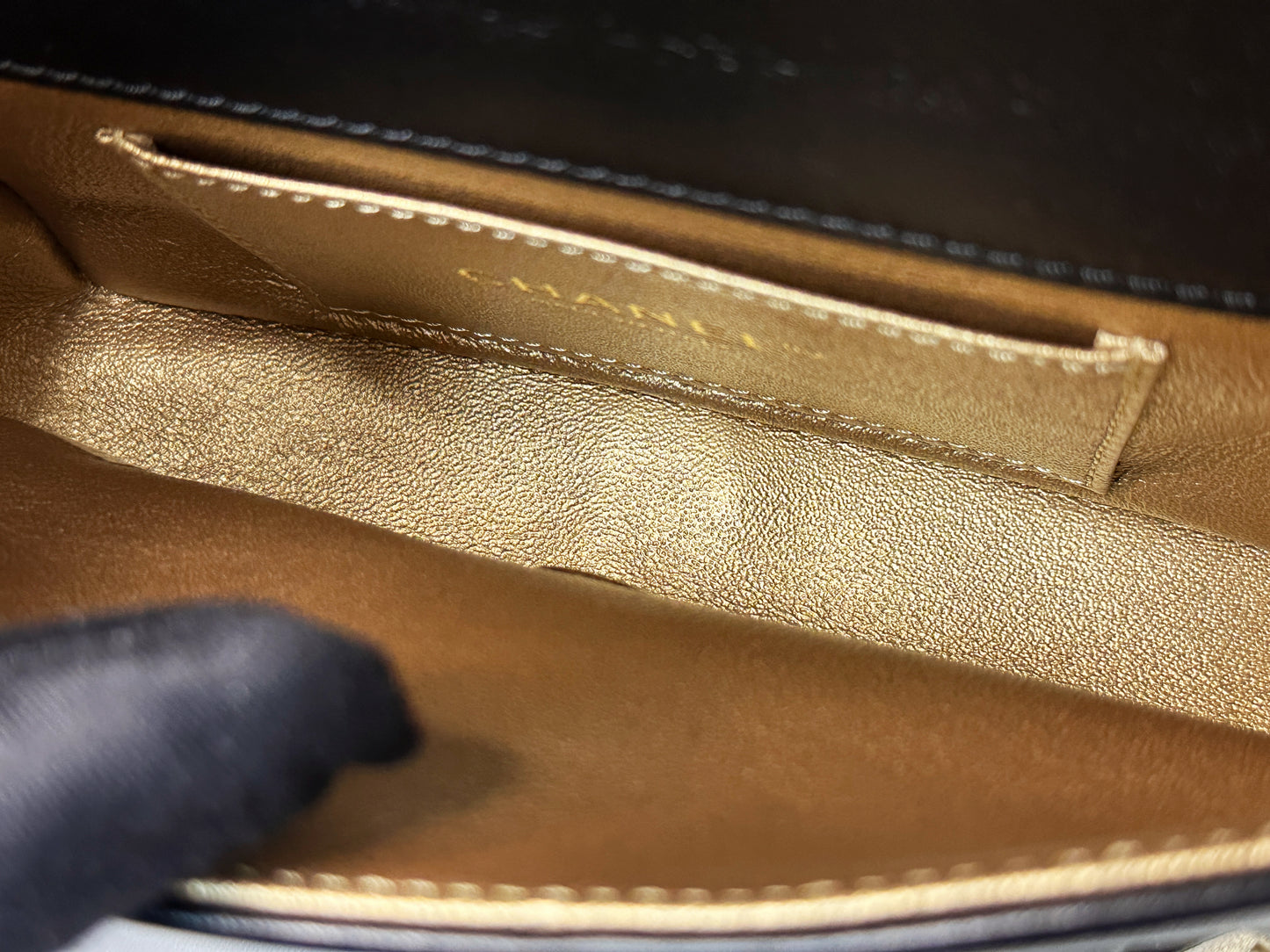 Chanel Mini Metallic Lambskin Quilted Camellia Flap Bag Black Gold 2479 holo card