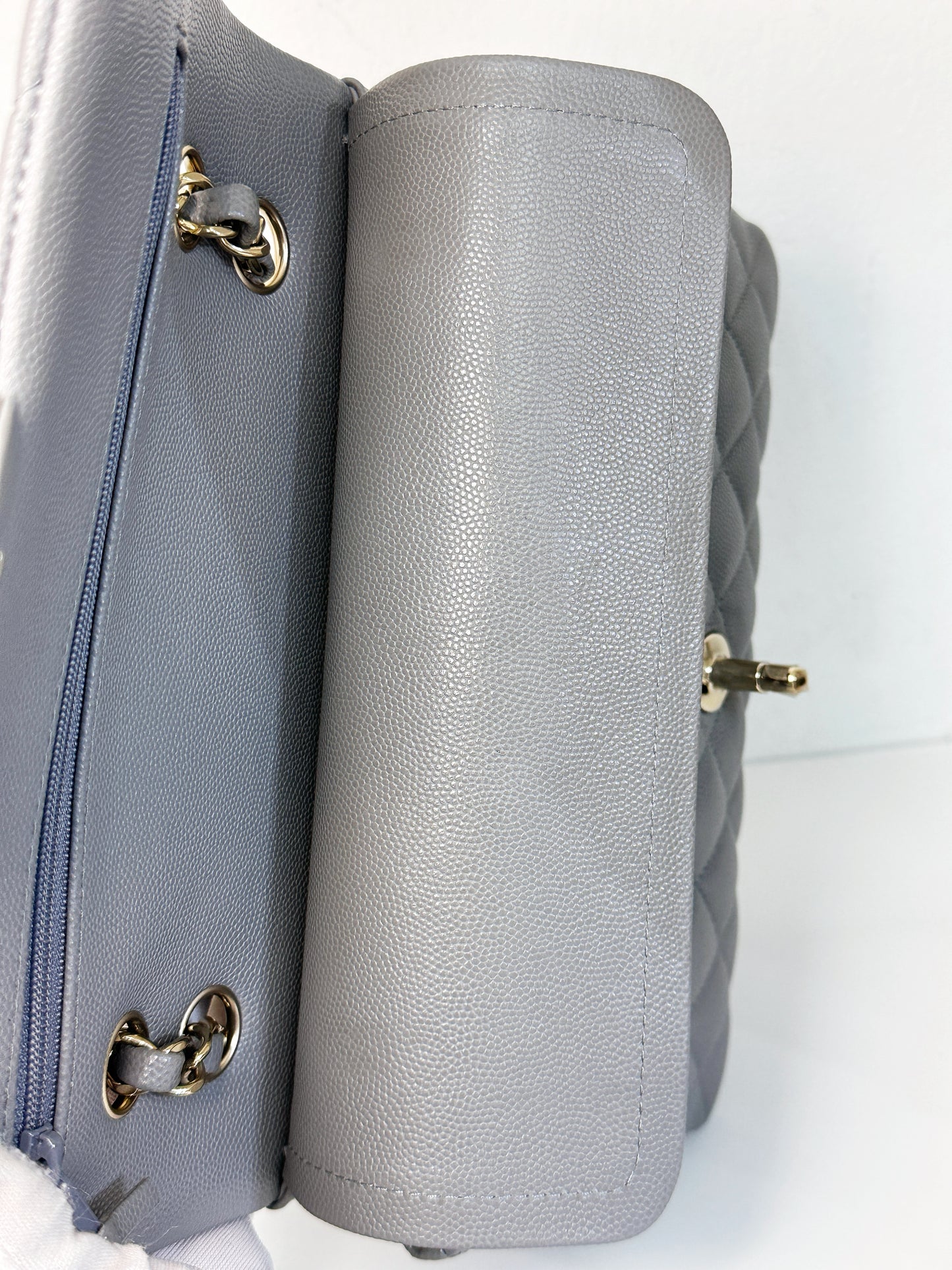Chanel Small Caviar Quilted Double Flap Bag Grey LGHW EK81 microchip