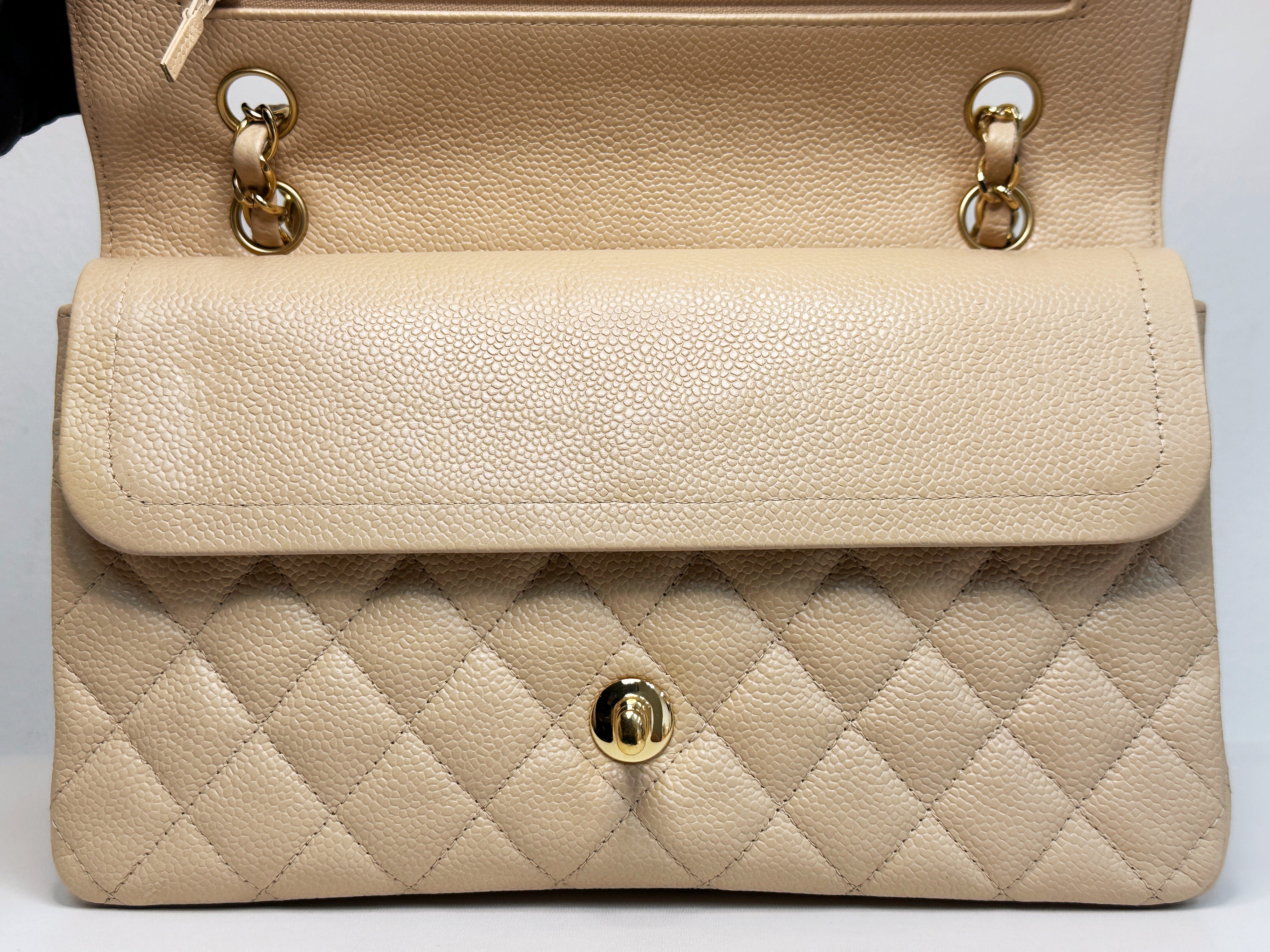Chanel Medium Beige Classic Caviar Double Flap Bag GHW 2163 holo