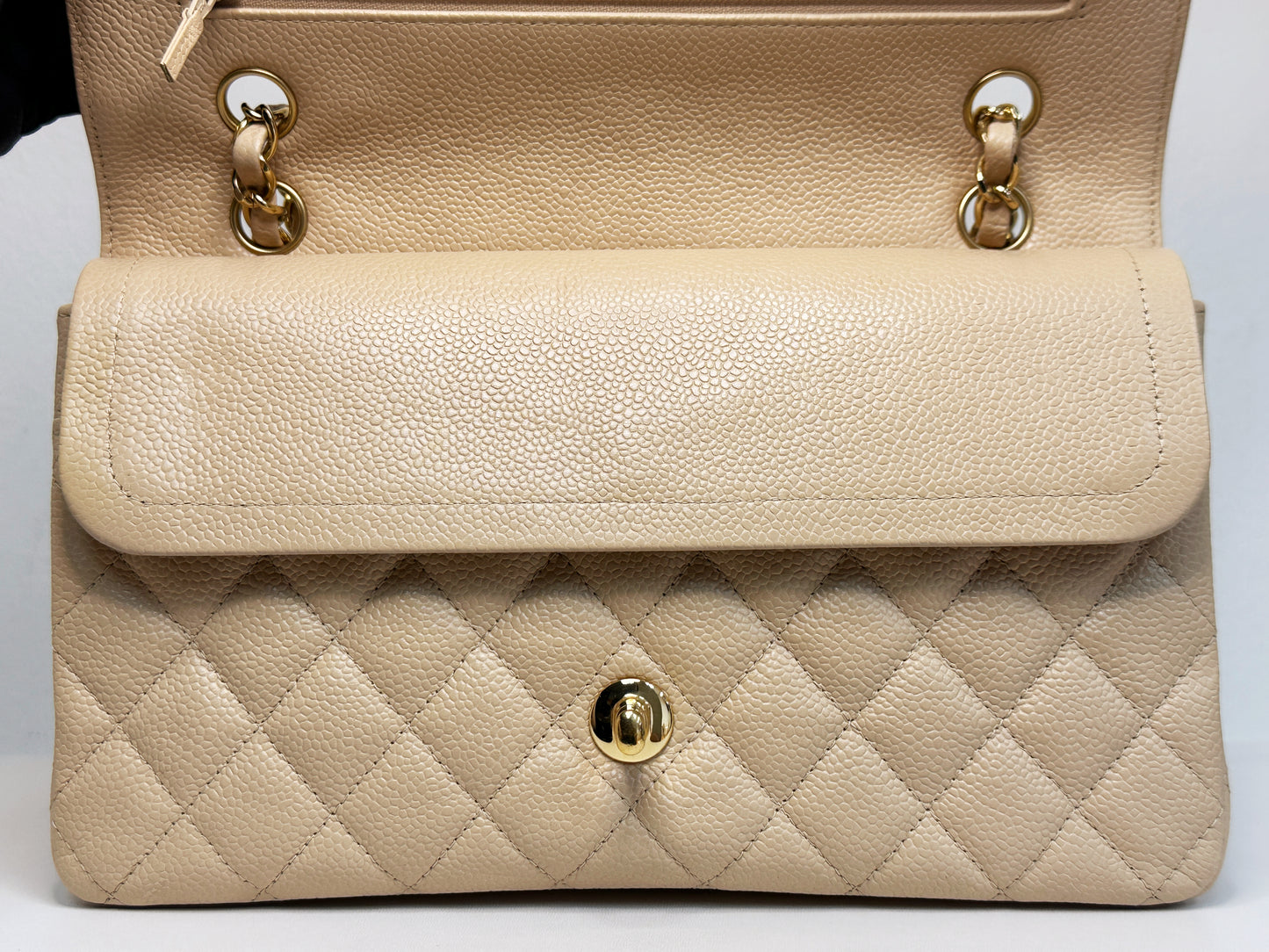 Chanel Medium Beige Classic Caviar Double Flap Bag GHW 2163 holo