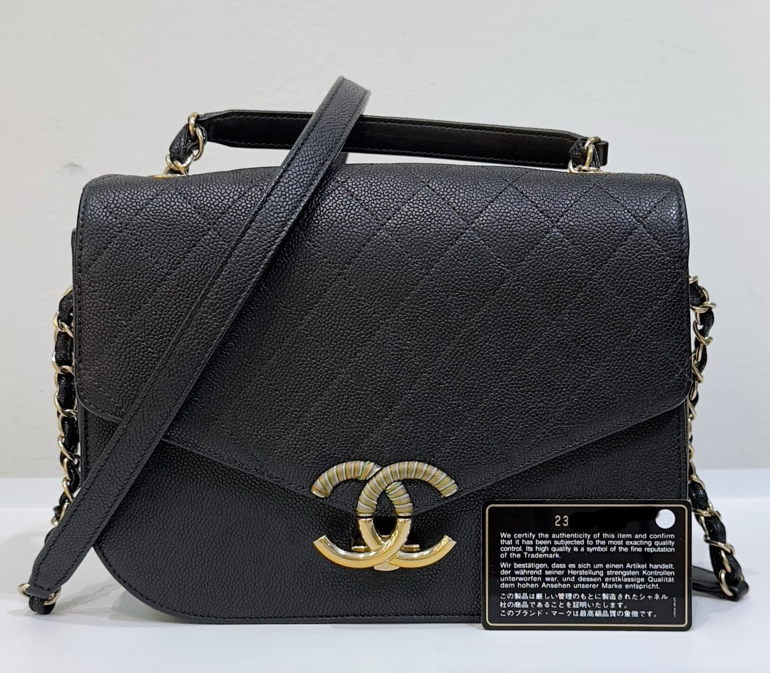 Chanel Flap Bag with Top Handle Black Caviar GHW 23 holo card