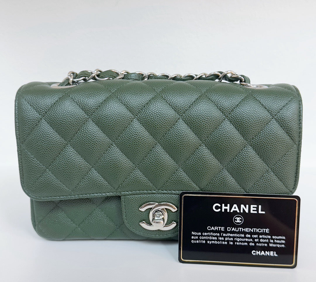 Chanel Caviar Quilted Mini Rectangular Flap Green 2507 holo card