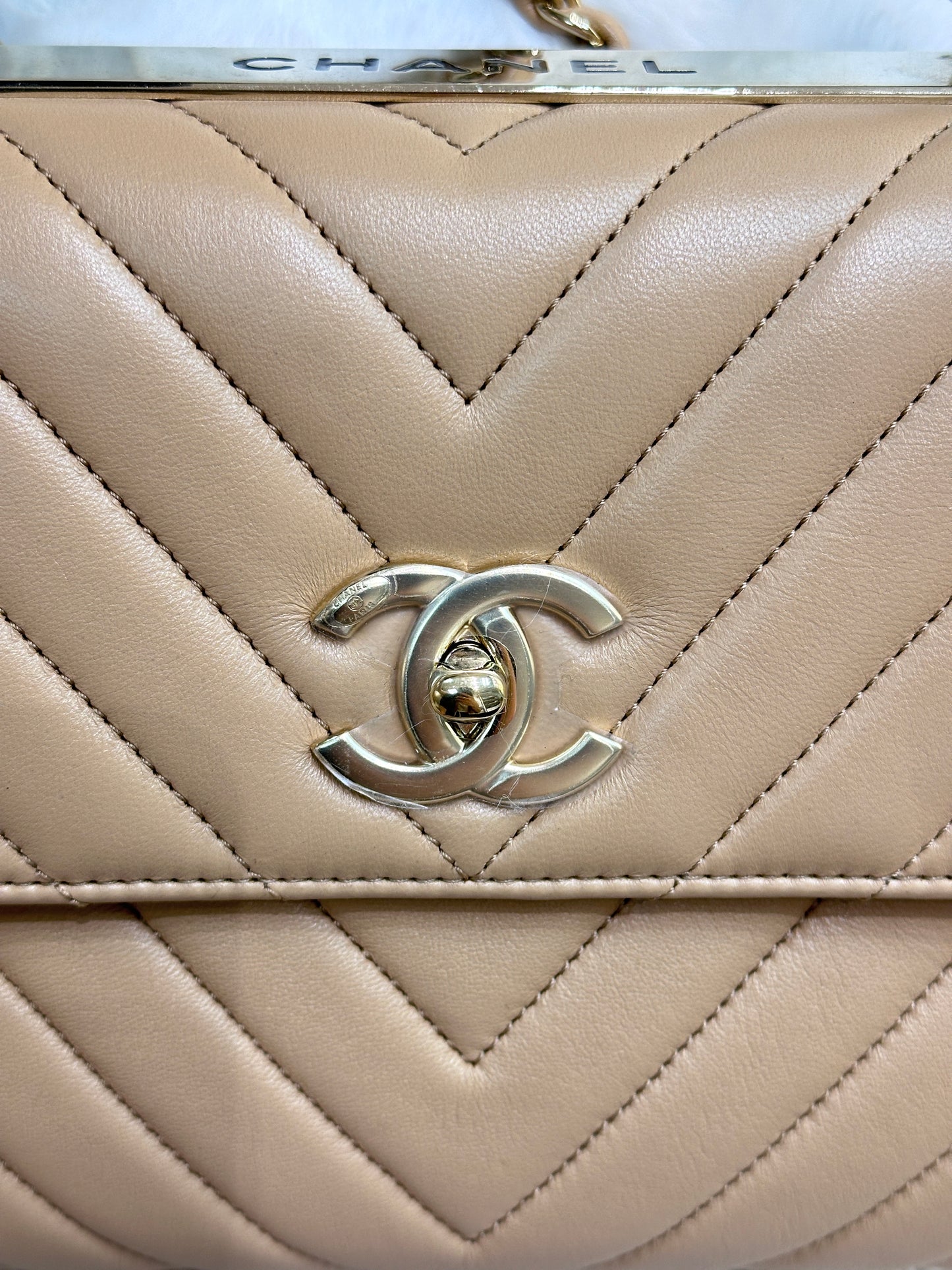 Chanel Lambskin Chevron Quilted Medium Trendy CC Dual Handle Flap Bag Beige