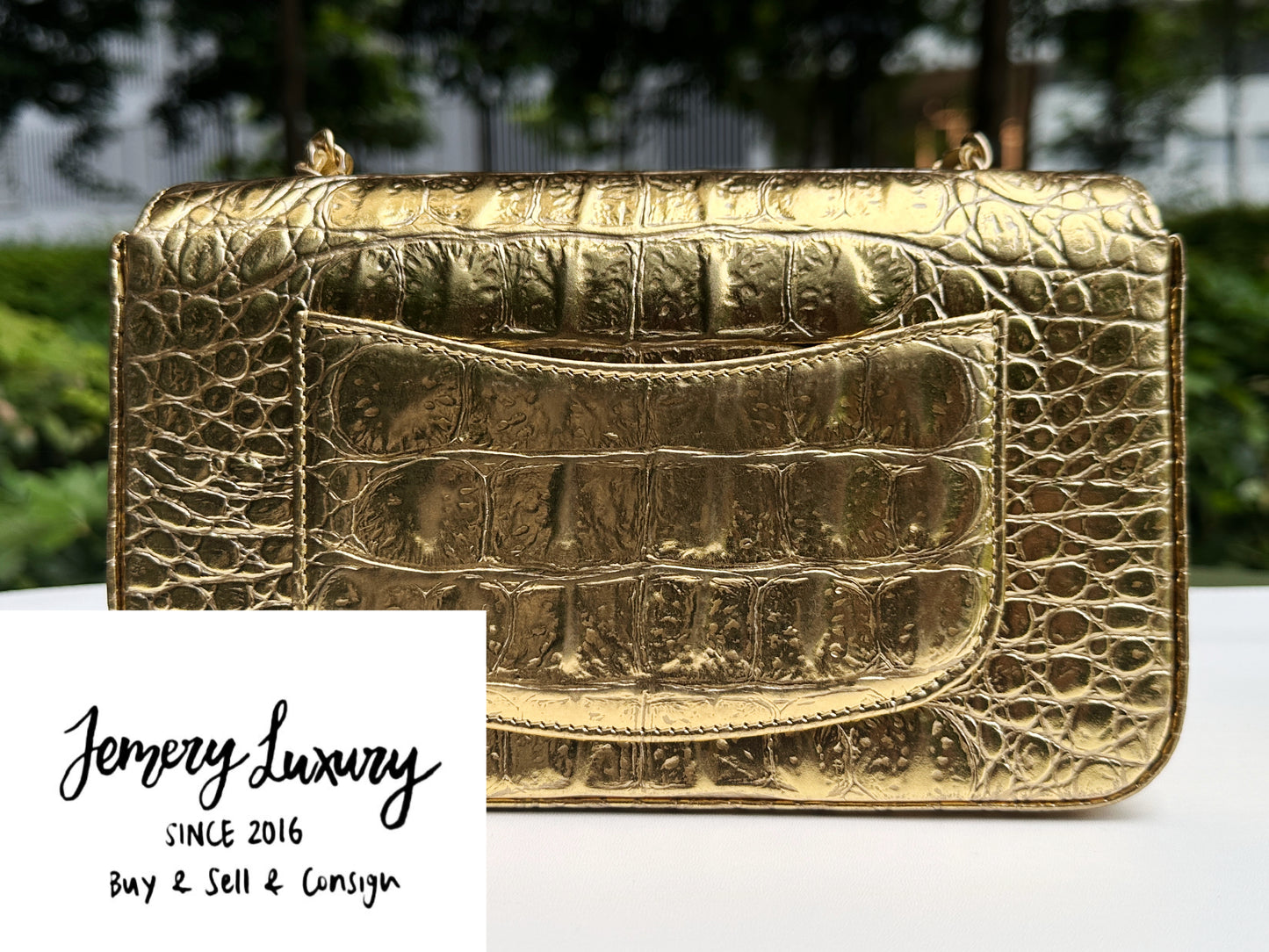 Chanel Mini Calfskin Crocodile Embossed Rectangular Gold Metallic Flap Bag 2803 holo card