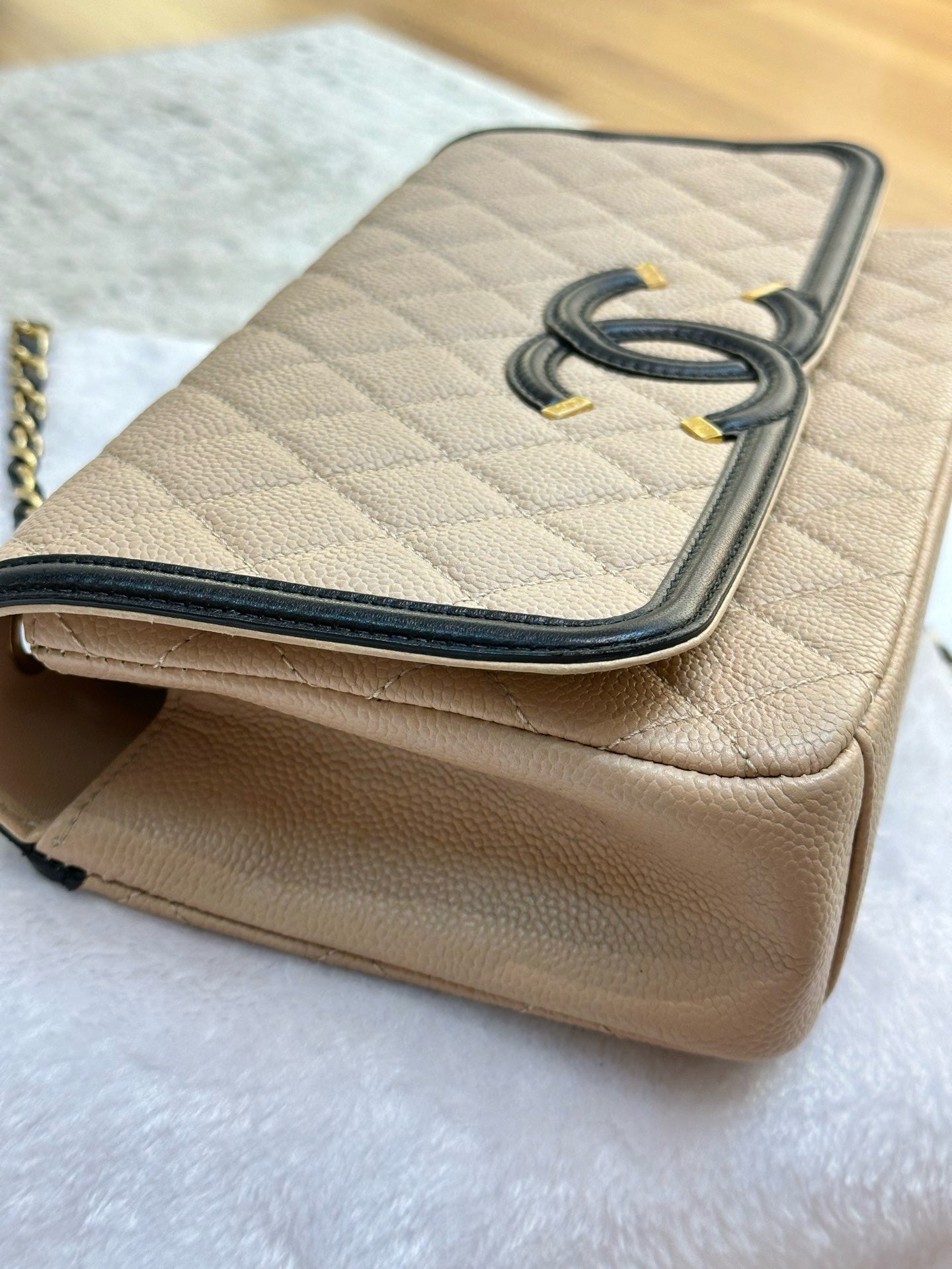 Chanel Medium Caviar Quilted CC Filigree Flap Beige Black