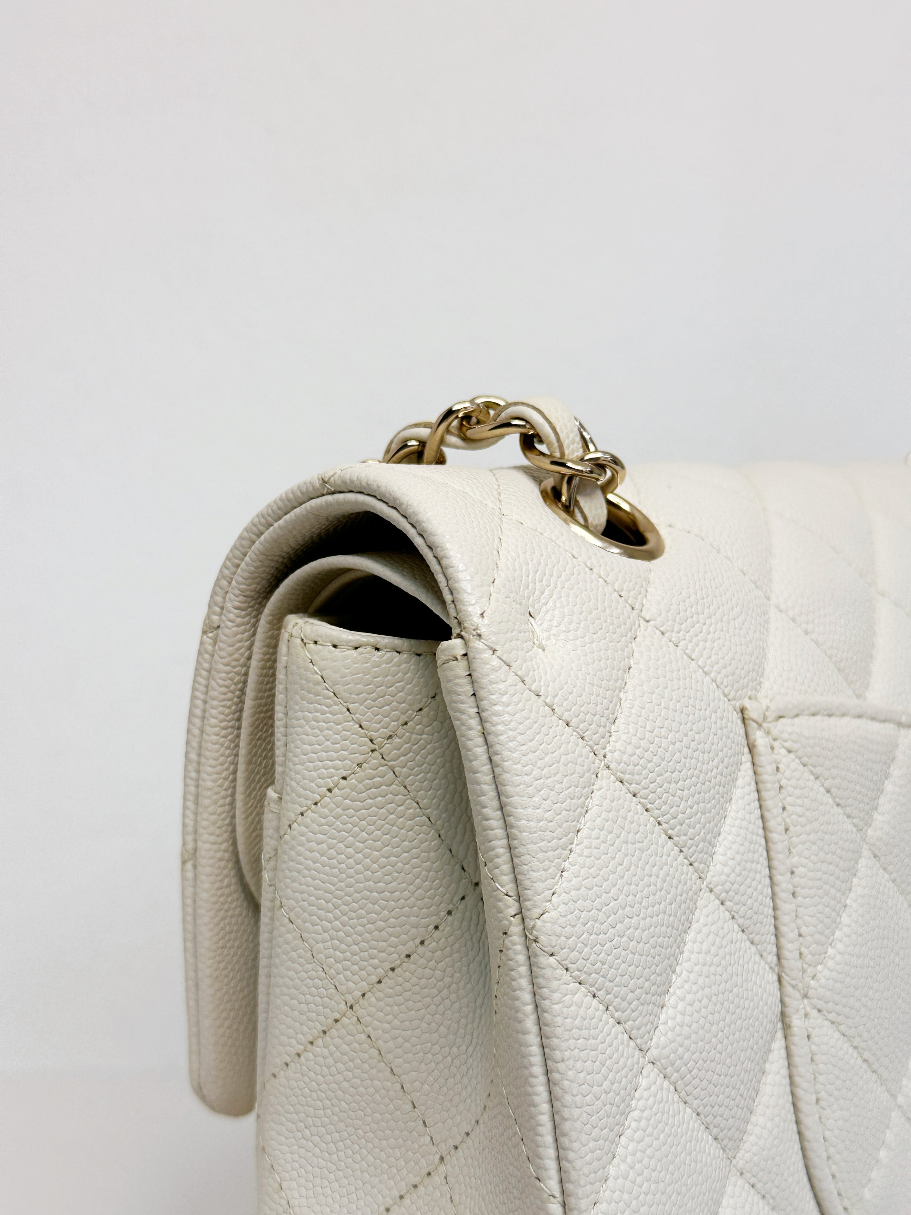 Chanel Medium Caviar Classic Quilted Double Flap White Light Beige Bag LGHW L45J microchip