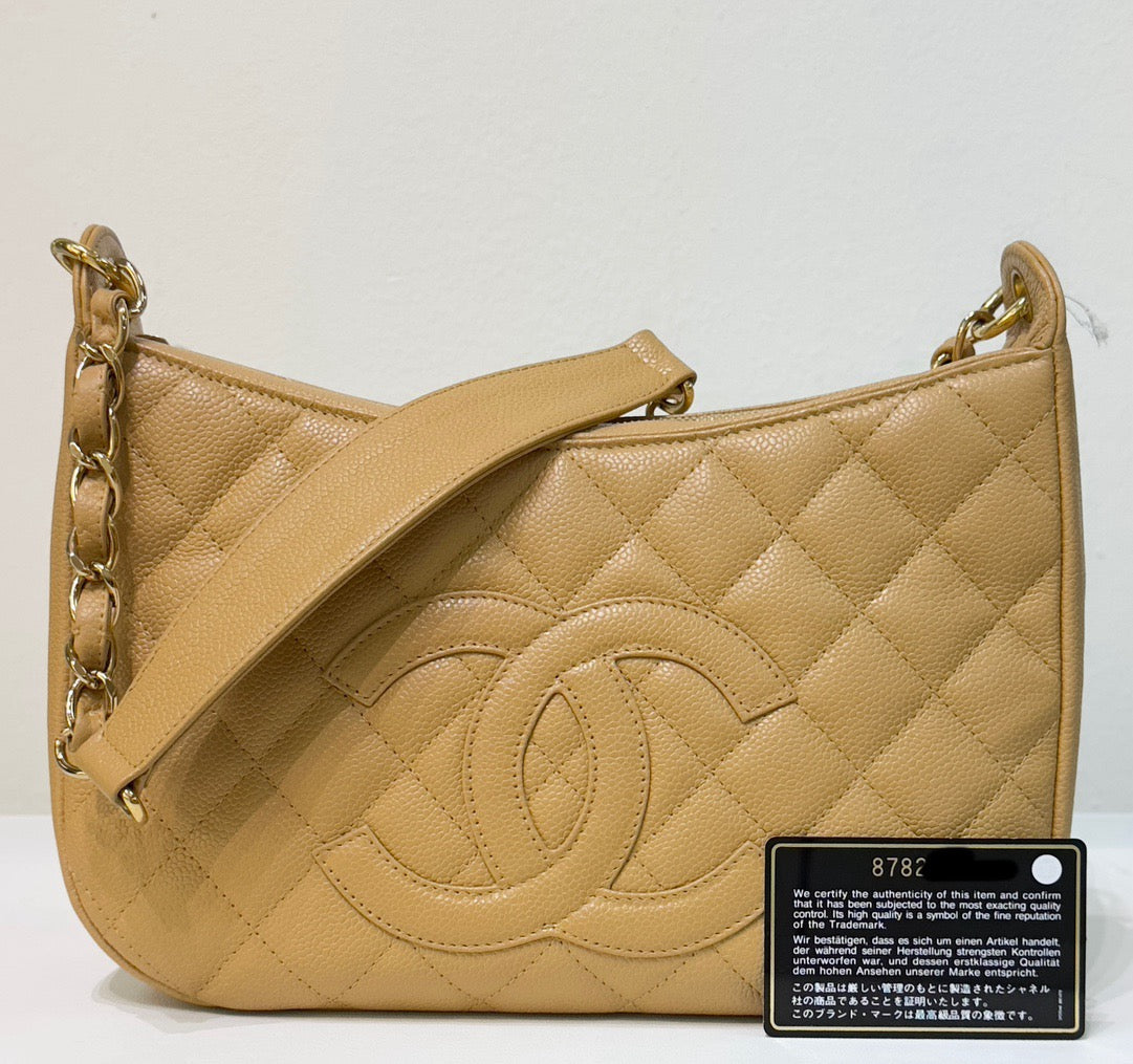 Chanel Caviar Leather Shoulder Bag Beige GHW