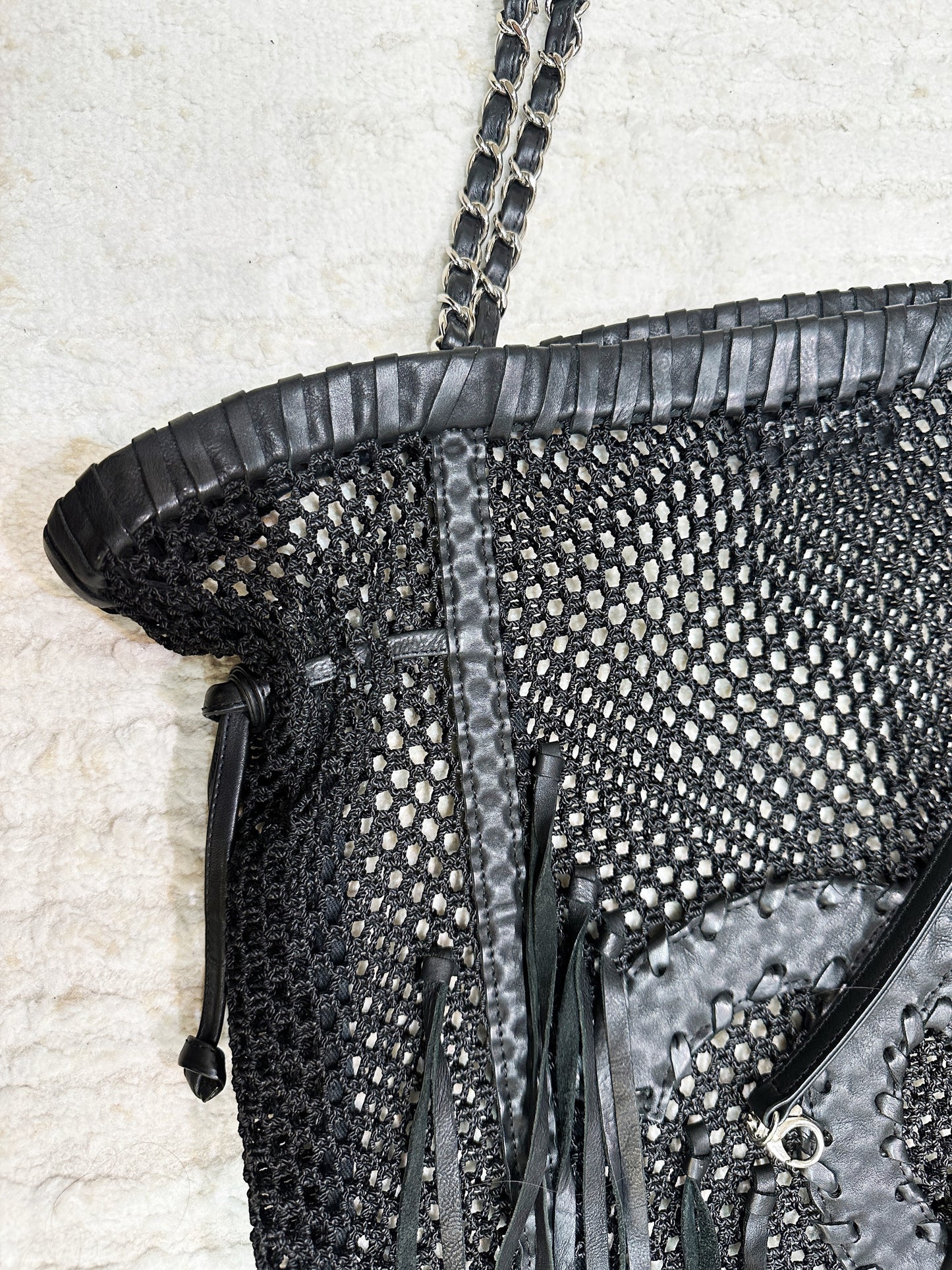 Chanel Limited Edition Resort 2011 Black Fringe Mesh Tote Bag 1373 holo card