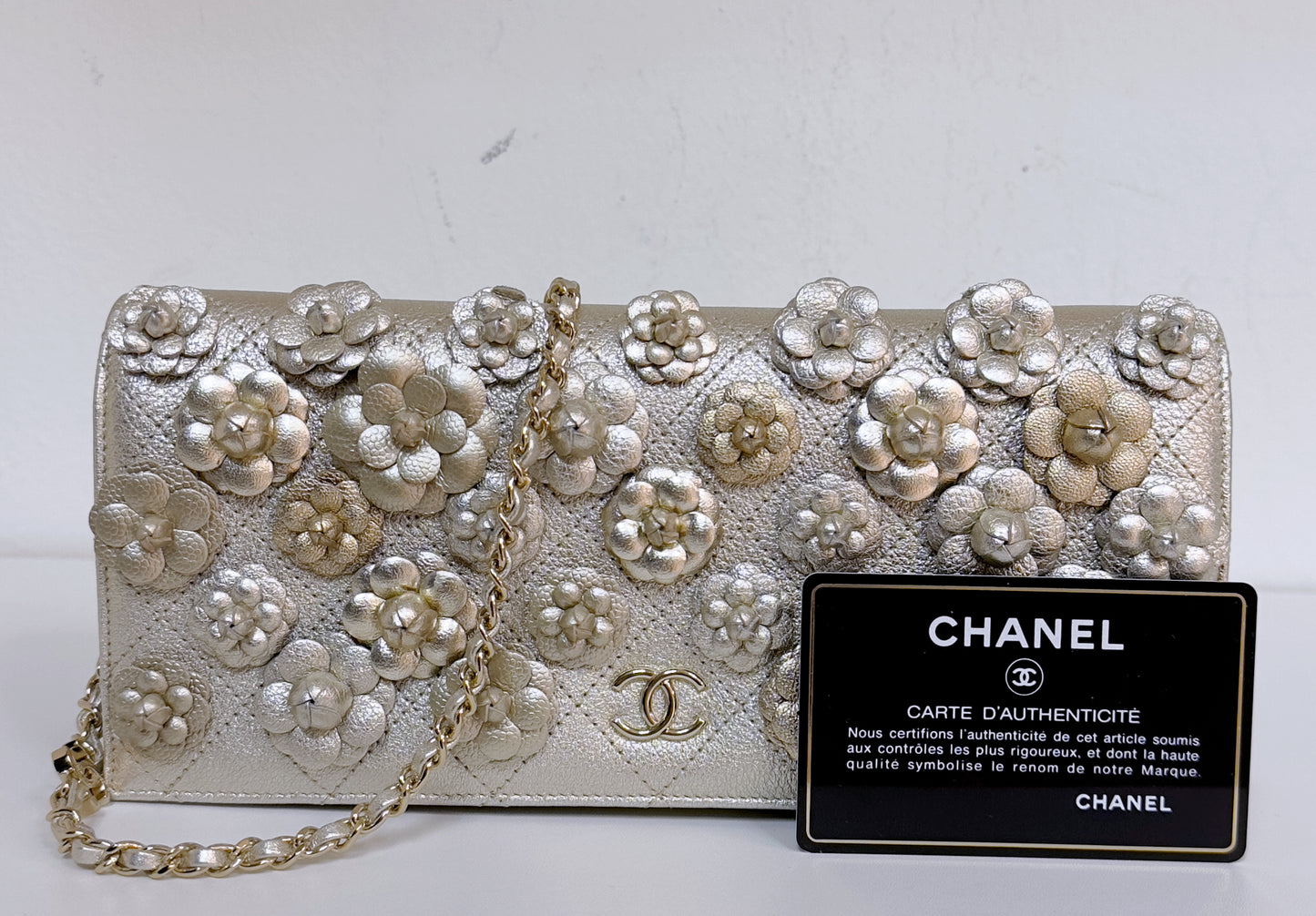 Gold Camellia Embellished Chain Clutch GHW 2728 holo card